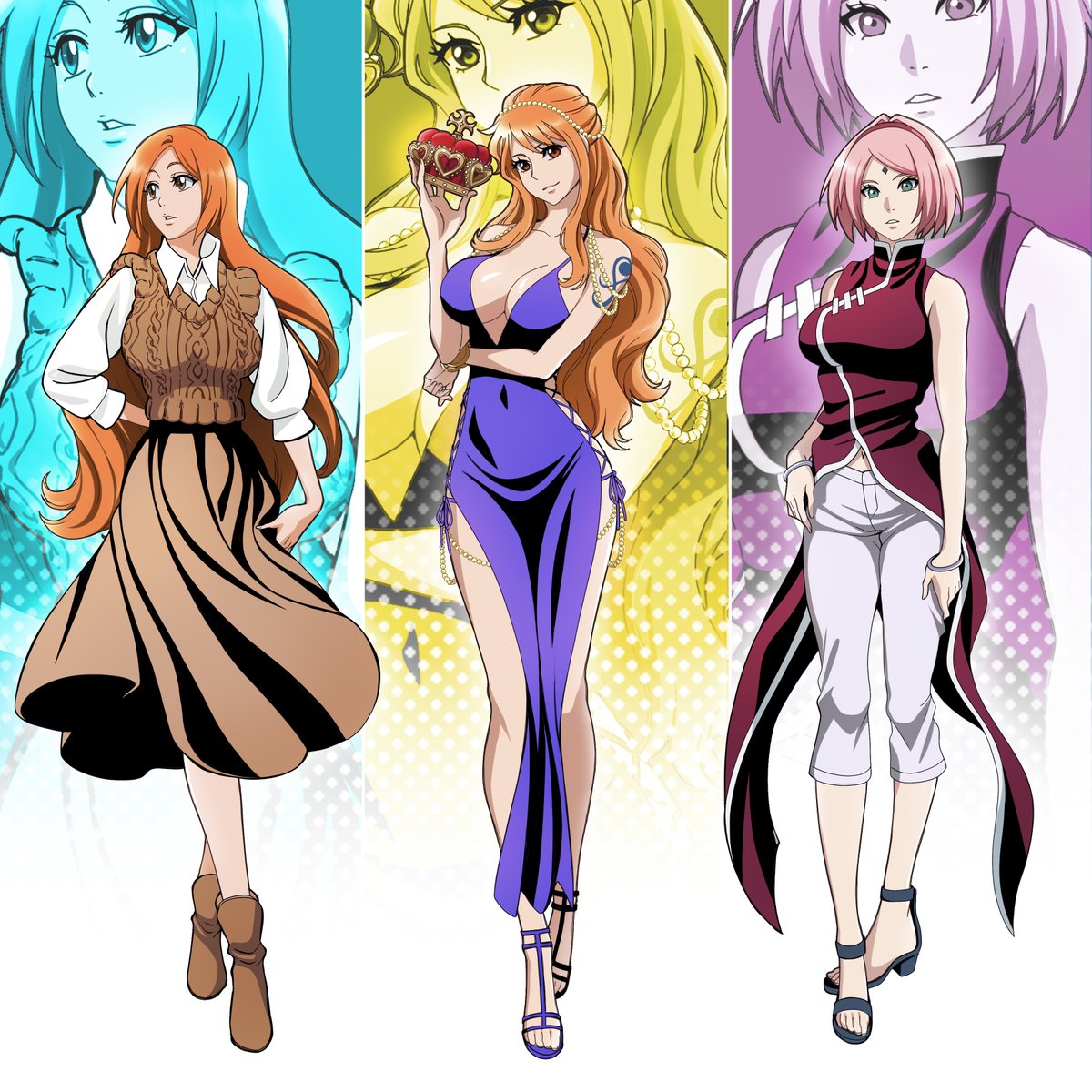 rozuberry, haruno sakura, inoue orihime, nami (one piece), bleach, bleach: jigoku-hen, naruto (series), naruto shippuuden, one piece, commission, 3girls, bare shoulders, breasts, brown eyes, closed mouth, collarbone, crown, dress, forehead jewel, full body, hand on own hip, high heels, holding, holding crown, large breasts, long hair, medium hair, multiple girls, orange eyes, orange hair, pants, pink hair, shoes, shoulder tattoo, skirt, tattoo