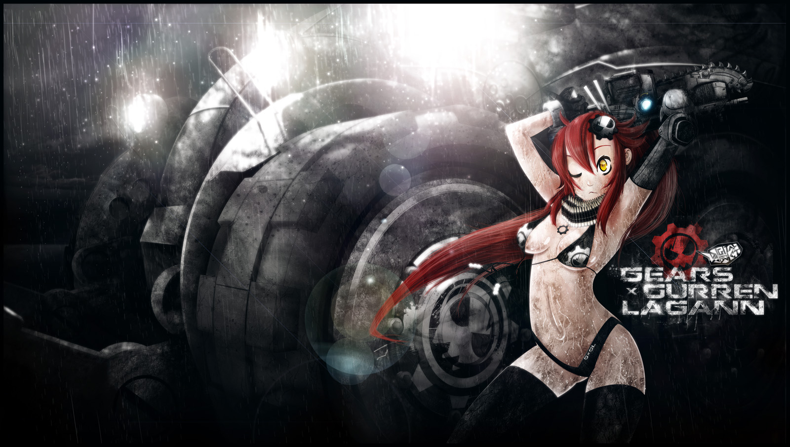 digital-addict, yoko littner, gears of war, gears of war 2, tengen toppa gurren lagann, vehicle, highres, self-upload, 1girl, ammunition belt, armpits, arms up, asymmetrical gloves, bikini, breasts, chainsaw, cleavage, crossover, female focus, gears, gloves, gun, hair ornament, lancer (gears of war), long hair, midriff, one eye closed, parody, ponytail, red hair, skull hair ornament, solo, swimsuit, thighhighs, uneven gloves, wardrobe malfunction, weapon, wink, yellow eyes