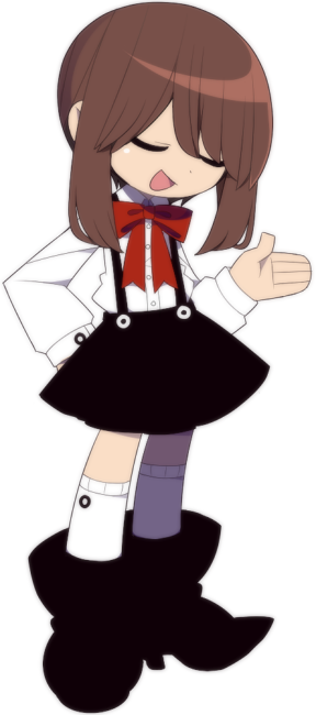 funamusea (artist), funamusea, official art, black shoes, boots, bow, brown hair, closed eyes, hand on own hip, kamio (funamusea), kneehighs, long sidelocks, long sleeves, open mouth, parted bangs, pleated skirt, shirt, shoes, sidelocks, skirt, smile, socks, solo, suspender skirt, suspenders, white background, white shirt