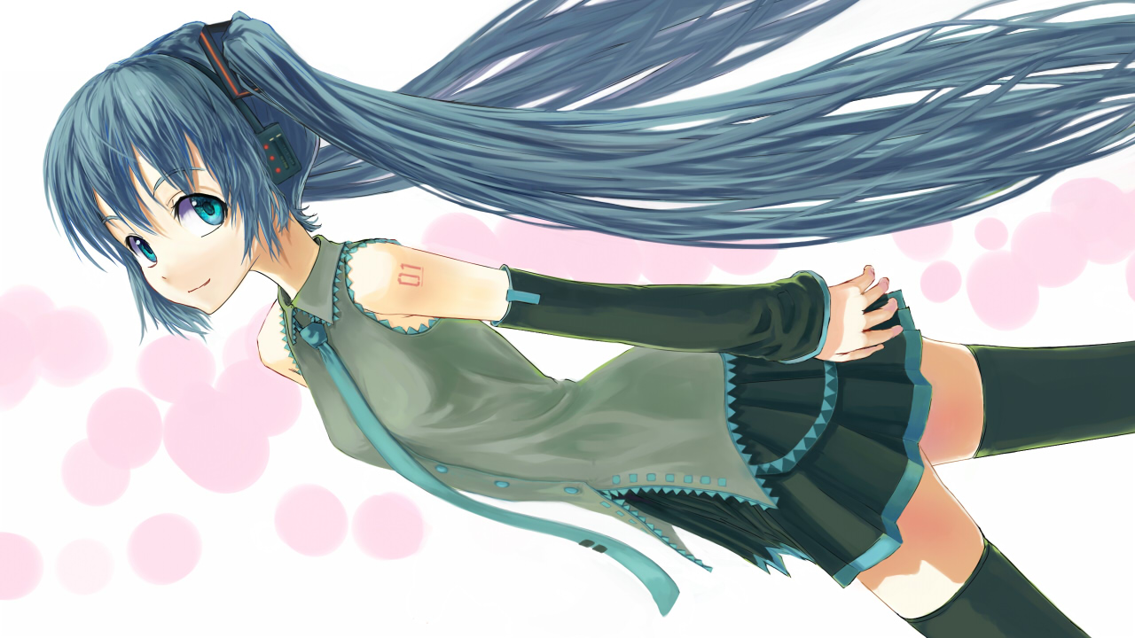 chourui keiko, hatsune miku, vocaloid, 1girl, aqua eyes, bare shoulders, blue hair, female focus, long hair, necktie, solo, thighhighs, very long hair, white background, zettai ryouiki