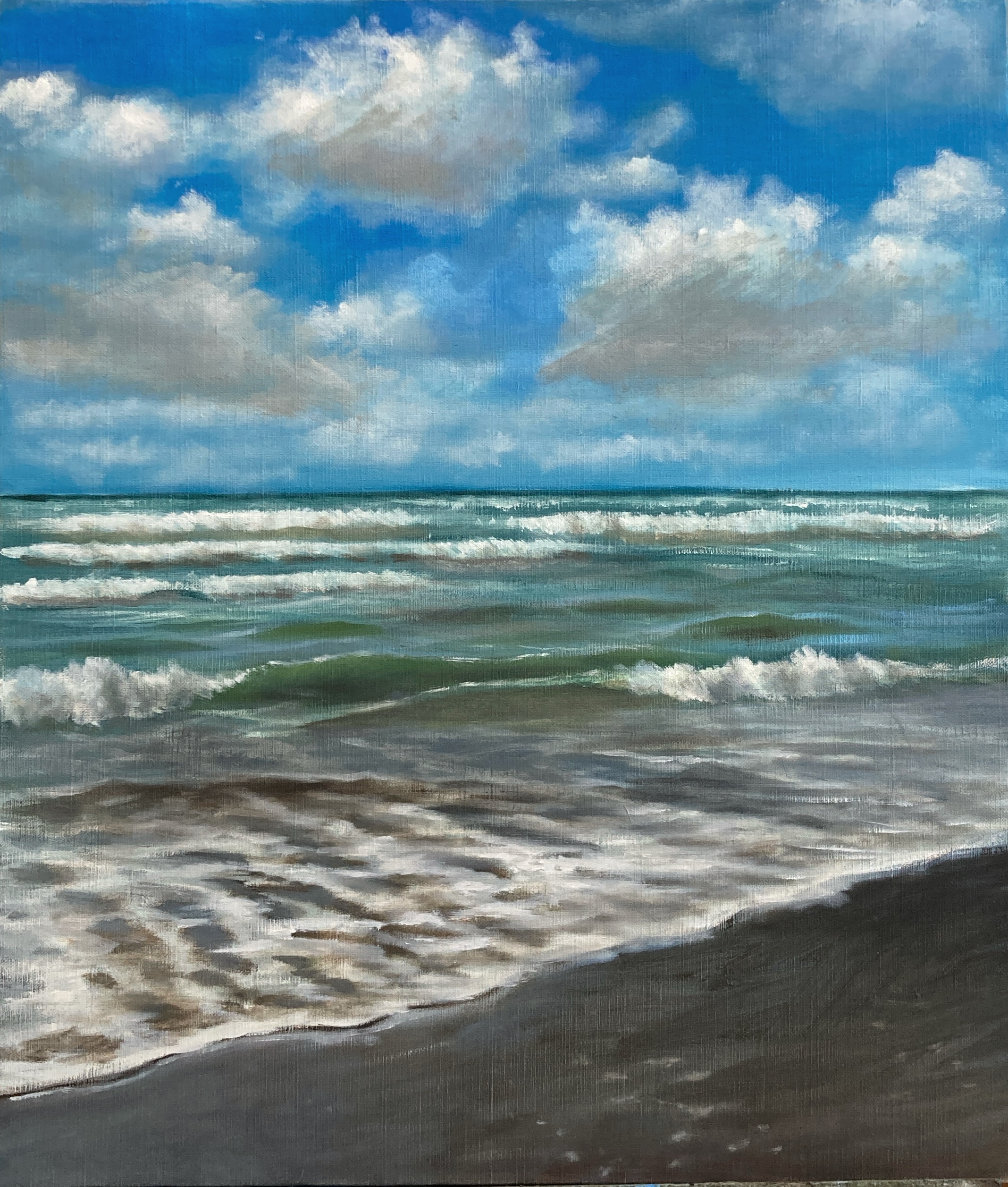 original, absurdres, commentary request, highres, photo (medium), traditional media, blue sky, cloud, cloudy sky, day, no humans, ocean, outdoors, scenery, sky, user mygw4732, waves