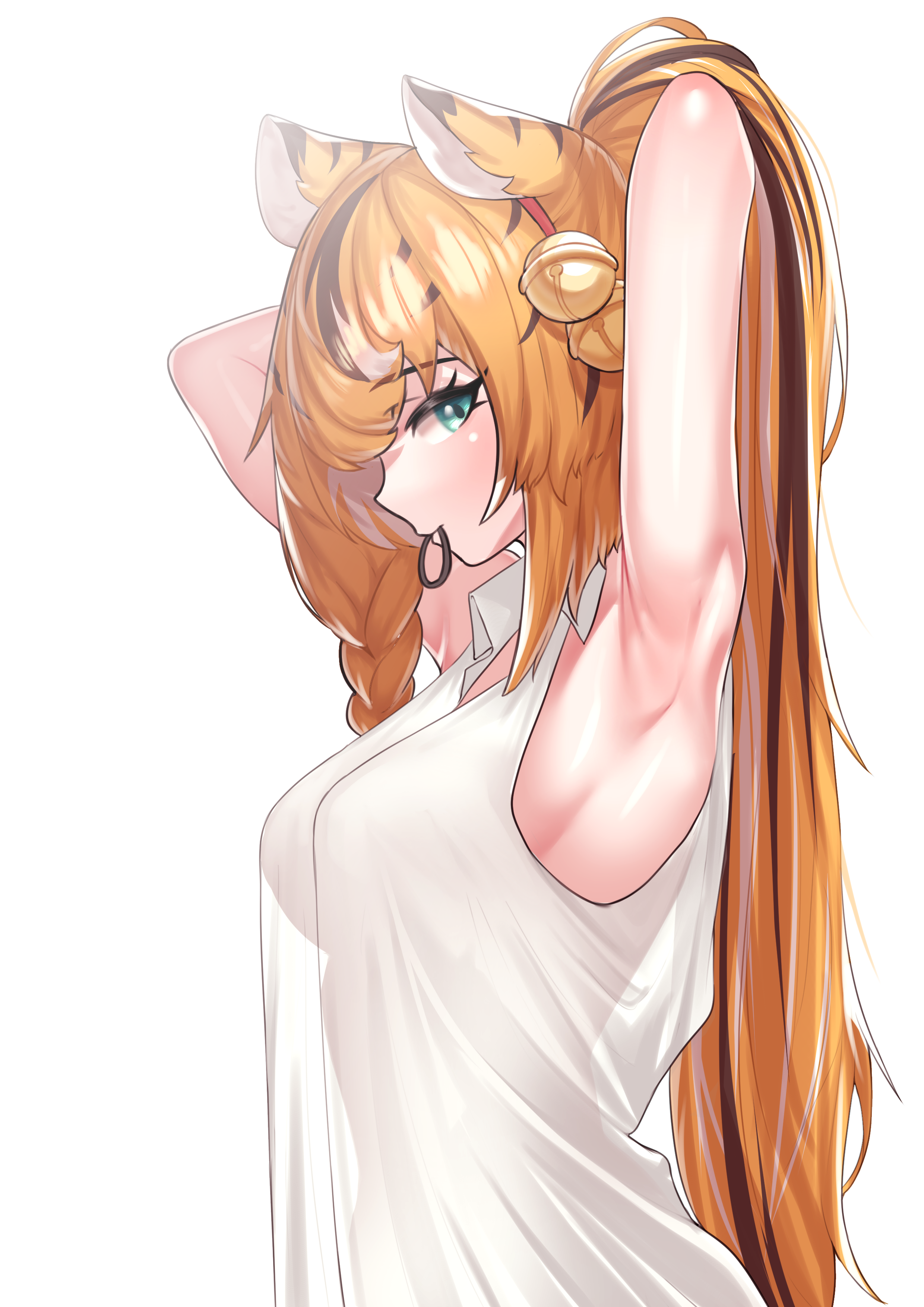 absurdres, commission, copyright request, highres, 1girl, animal ears, aqua eyes, armpits, arms behind head, bell, black hair, braid, breasts, hair bell, hair ornament, hair tie in mouth, langssi, mouth hold, multicolored hair, orange hair, see-through silhouette, sleeveless, solo, white background, white hair
