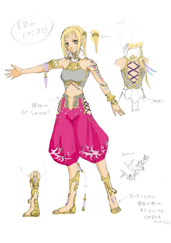 siratama anmitsu, penelo, final fantasy, final fantasy xii, 00s, 1girl, armlet, armor, arrow (symbol), bare shoulders, blonde hair, blunt bangs, bracelet, braid, breastplate, breasts, brown eyes, closed mouth, female focus, full body, jewelry, long hair, looking at viewer, midriff, navel, outstretched arm, pants, pink pants, puffy pants, sandals, see-through clothes, sketch, small breasts, smile, solo, standing, stomach, twin braids, white background