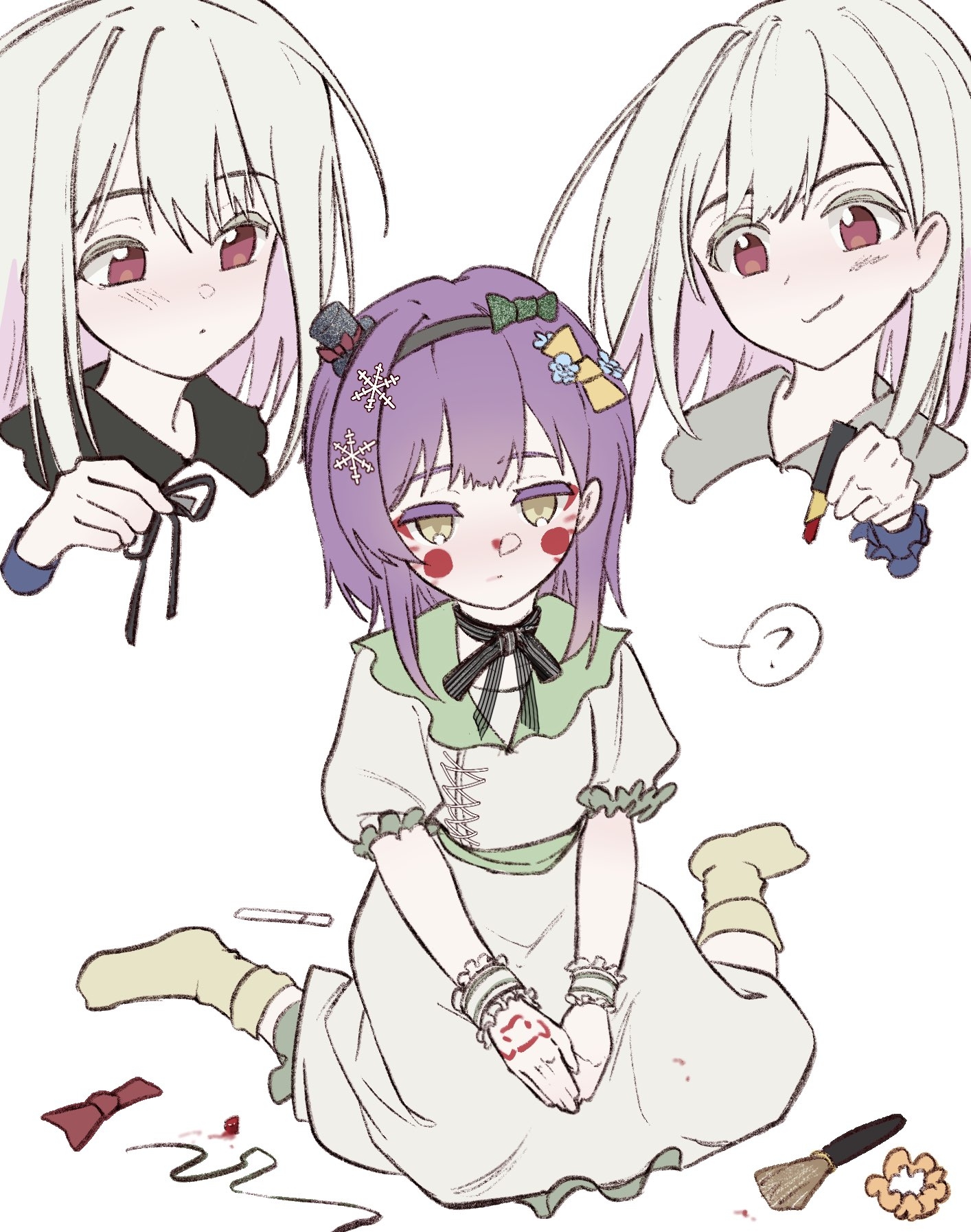 hero45439083942, bang dream!, bang dream! it's mygo!!!!!, original, chinese commentary, commentary request, highres, 3girls, ?, black choker, black hairband, blush, choker, closed mouth, cosmetics, dress, green dress, green hair, green wrist cuffs, hairband, holding, holding lipstick tube, lipstick mark, lipstick mark on face, lipstick tube, long hair, medium hair, multiple girls, purple hair, red eyes, ribbon choker, siblings, simple background, sisters, sitting, socks, spoken question mark, twins, wakaba ameha, wakaba muna, wakaba wakaho, wariza, white background, wrist cuffs, yellow eyes, yellow socks