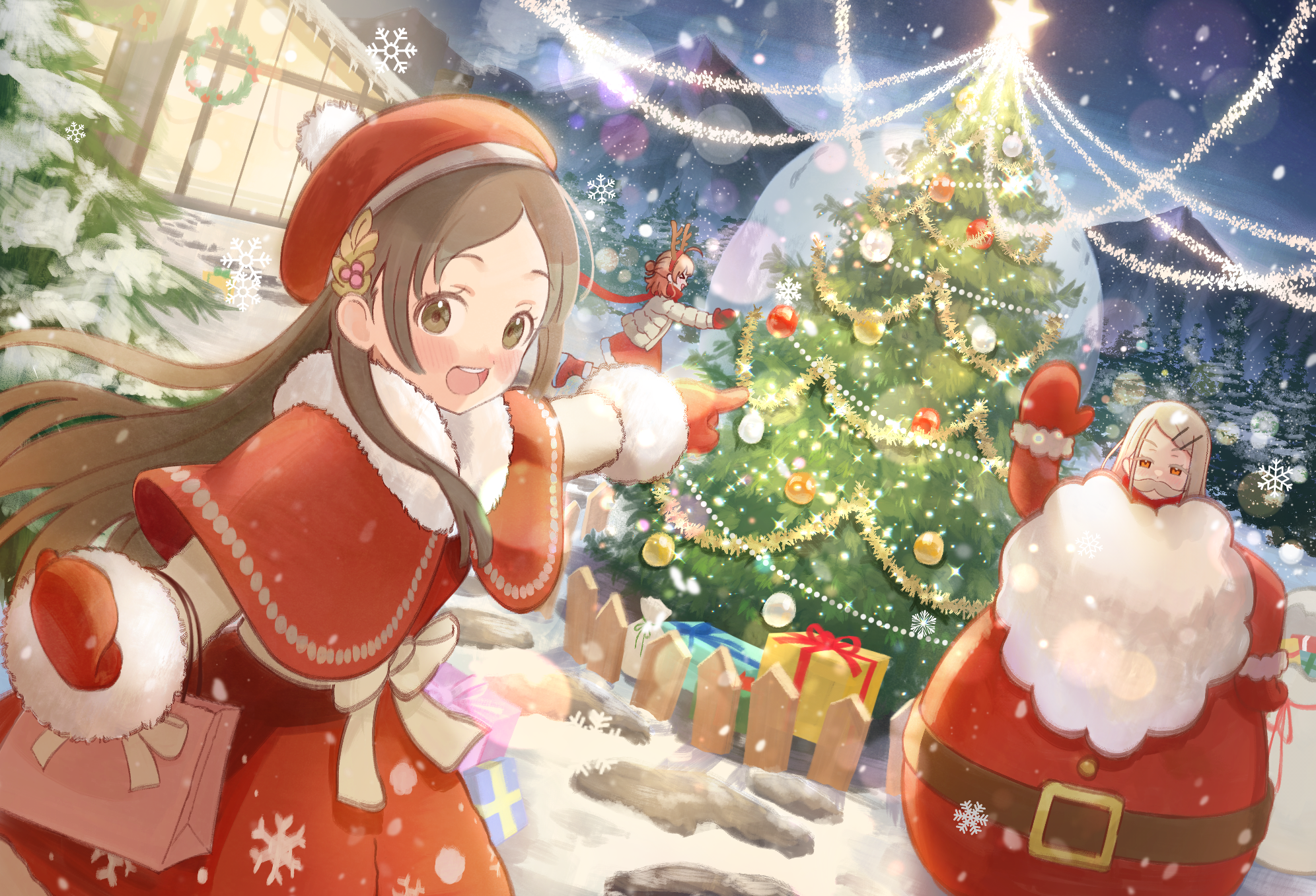 wellsy, hanami ume, kuramoto china, shinosawa hiro, gakuen idolmaster, idolmaster, highres, > <, 3girls, :d, ahoge, antlers, arm up, beret, blonde hair, boots, bow, box, brown eyes, brown hair, capelet, christmas, christmas lights, christmas ornaments, christmas tree, coat, dress, elbow carry, fake antlers, fake facial hair, fake mustache, fur-trimmed capelet, fur-trimmed mittens, fur trim, gift, gift box, grey coat, grey sky, hair ornament, hairband, hairclip, hat, horns, house, laurels, leaf hair ornament, long hair, looking at object, looking at viewer, mittens, mountainous horizon, multiple girls, open clothes, open coat, open mouth, orange eyes, outdoors, outstretched arm, parallel hairclips, parted bangs, pink bag, pointing, pom pom (clothes), red boots, red capelet, red dress, red hairband, red hat, red mittens, reindeer antlers, santa costume, santa dress, sky, smile, snow, snowing, standing, tree, waving, white bow, winter, winter clothes, winter coat, xd