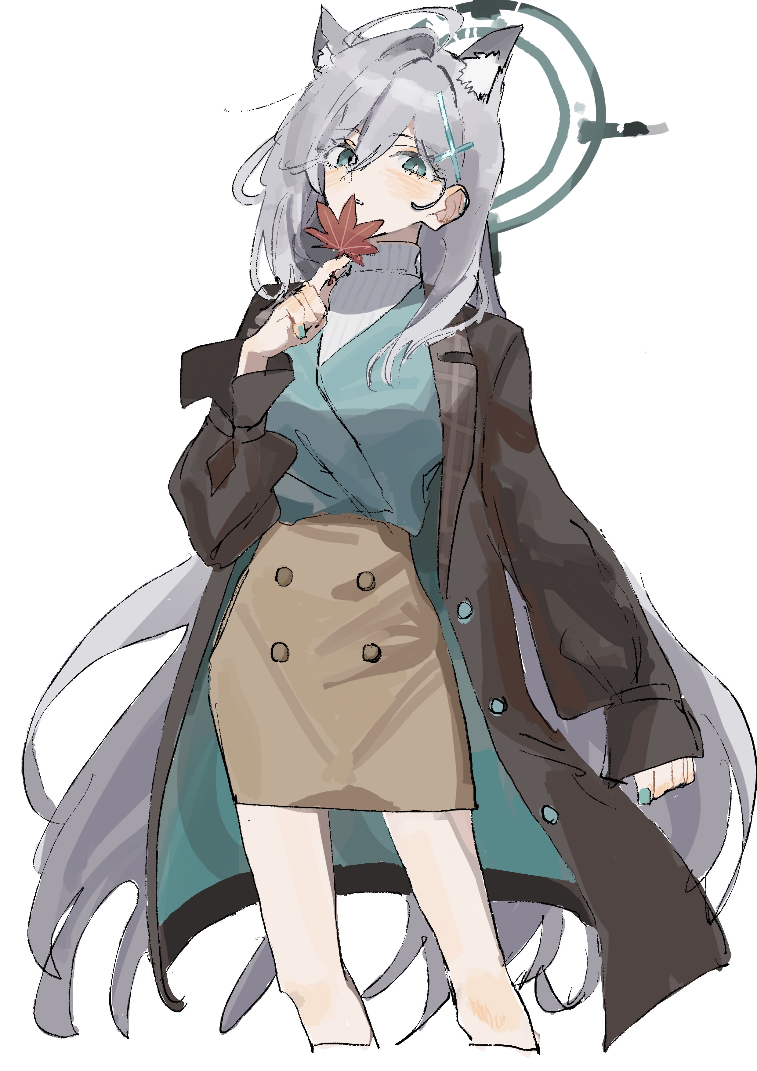 shiroko terror (blue archive), blue archive, absurdres, highres, 1girl, ahoge, animal ears, autumn leaves, blue shirt, brown coat, coat, feet out of frame, fnym, grey hair, halo, leaf, mismatched pupils, shirt, turtleneck, wolf ears