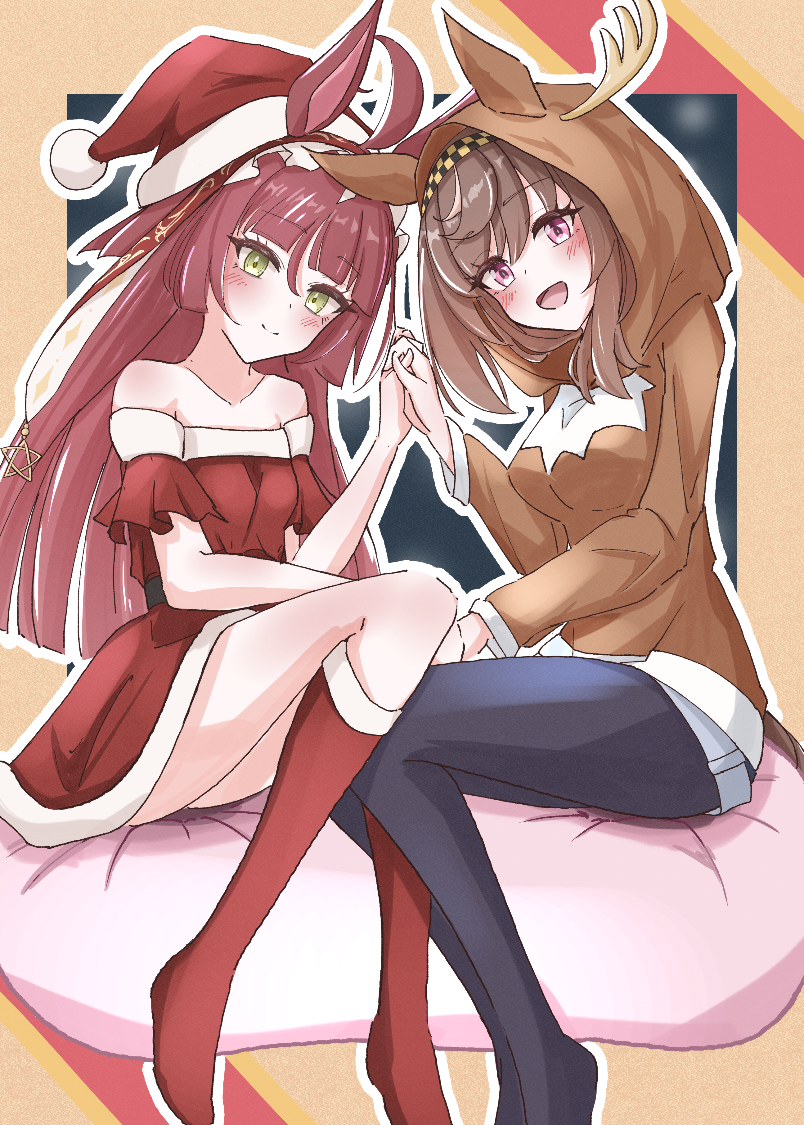 tananero, buena vista (umamusume), red desire (umamusume), umamusume, absurdres, highres, 2girls, ahoge, animal costume, breasts, christmas, holding hands, horse girl, long hair, looking at viewer, multiple girls, pantyhose, purple eyes, reindeer costume, santa costume, simple background, sitting, small breasts, smile, thighhighs, yellow eyes