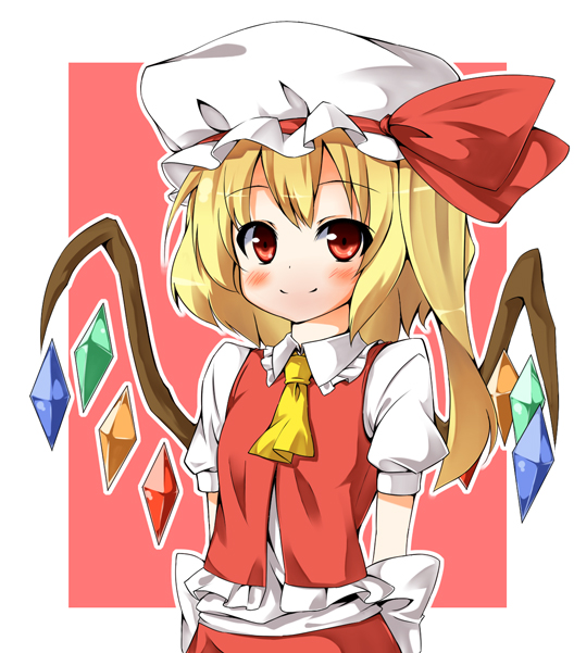 mamedenkyuu, mamedenkyuu (berun), flandre scarlet, embodiment of scarlet devil, touhou, 1girl, arms behind back, blonde hair, blush, female focus, hat, ponytail, red eyes, short hair, side ponytail, smile, solo, upper body, wings