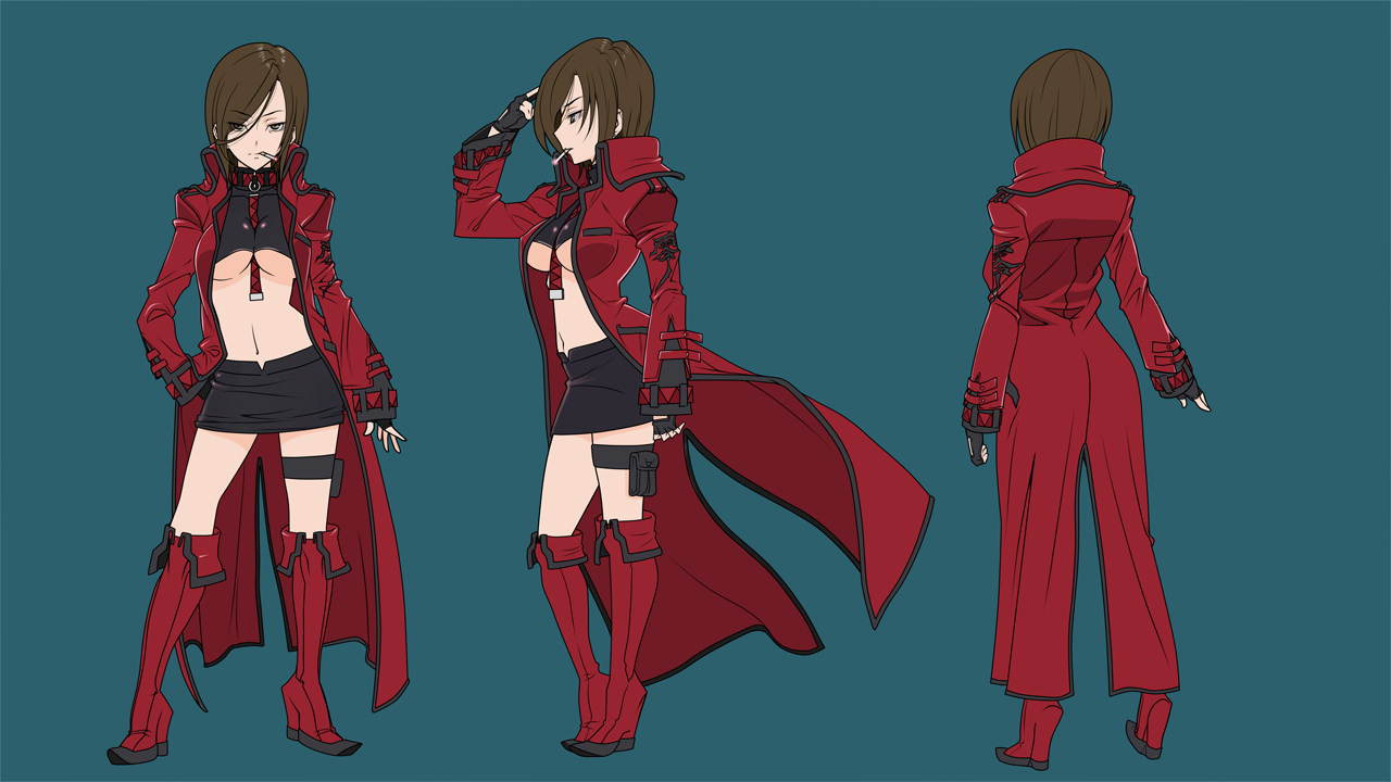 hirabaru kenji, meiko (vocaloid), vocaloid, bad id, bad piapro id, 1girl, between breasts, boots, breasts, brown eyes, brown hair, choker, cigarette, coat, collar, fingerless gloves, full body, gloves, medium breasts, midriff, multiple views, navel, reference sheet, short hair, simple background, skirt, thigh strap, turnaround, underboob