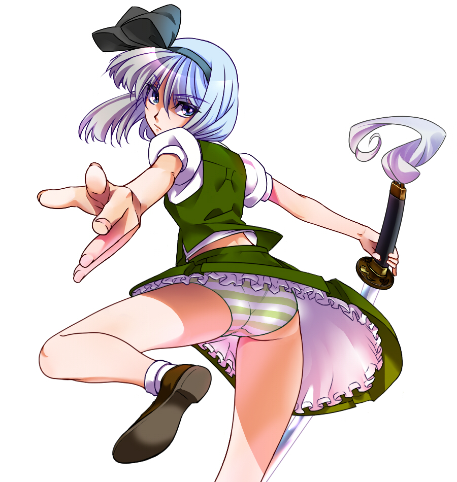 kohcy, konpaku youmu, touhou, silver hair, 1girl, blue eyes, female focus, foreshortening, hairband, katana, panties, petticoat, shoes, short hair, solo, striped clothes, striped panties, sword, underwear, weapon