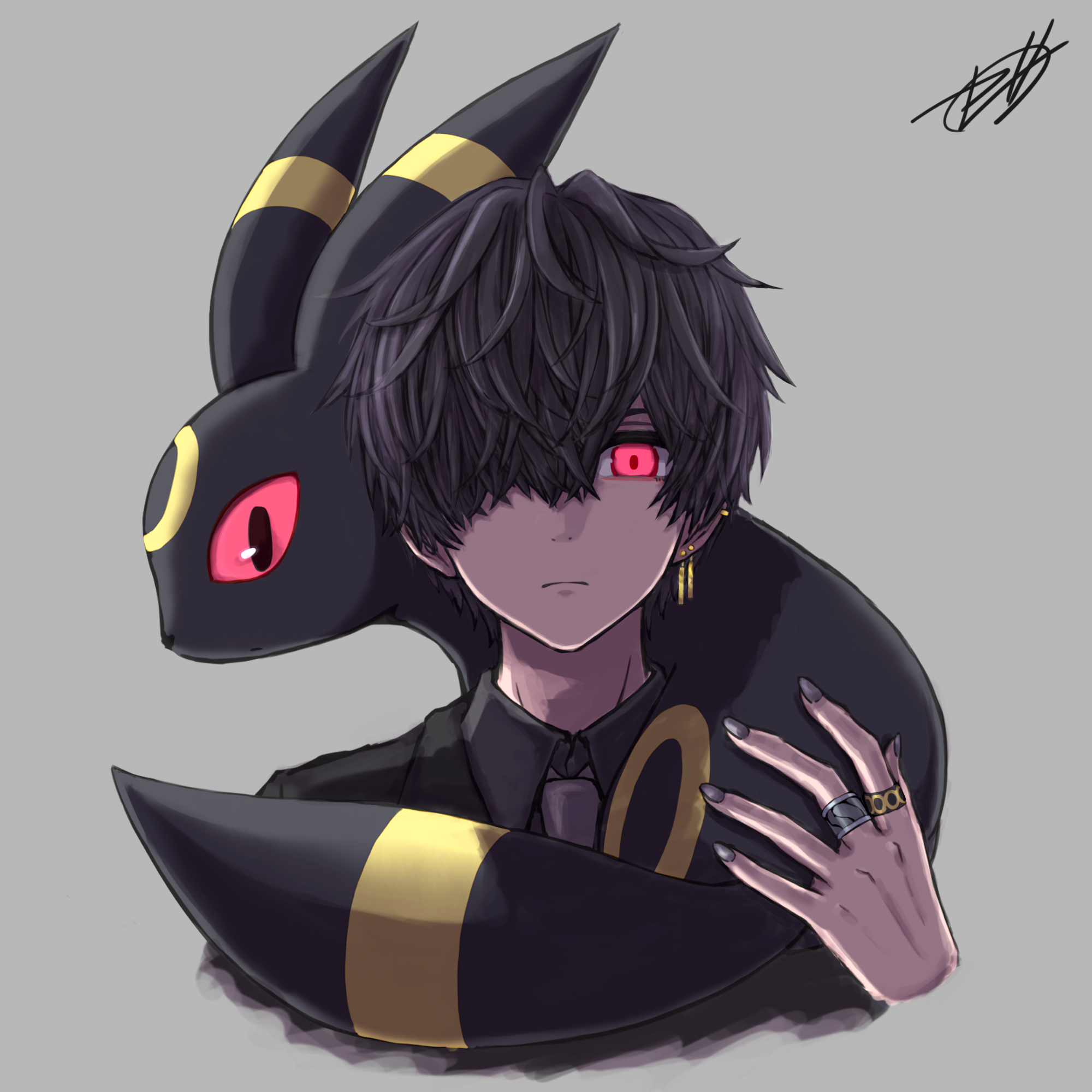 zeni maru, umbreon, nintendo, pokemon, commentary request, highres, 1boy, black hair, black shirt, closed mouth, earrings, gen 2 pokemon, grey background, grey nails, grey necktie, hair over one eye, jewelry, male focus, necktie, on shoulder, pokemon (creature), pokemon on shoulder, red eyes, ring, shirt, short hair, signature, simple background, solo, upper body