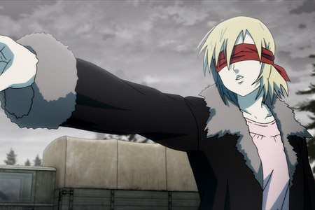 nadya, first squad, lowres, 1girl, blindfold, blonde hair, coat, female focus, nightshirt, reaching, solo