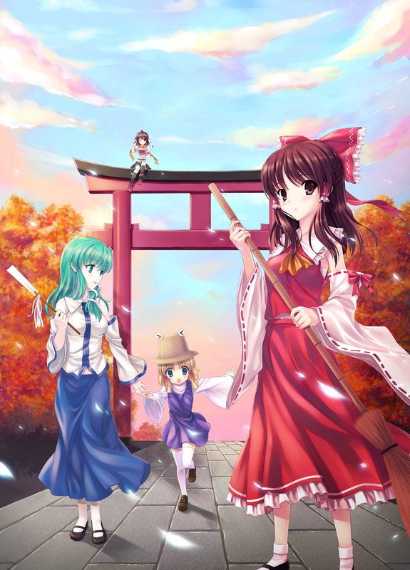 hiten (hitenkei), hakurei reimu, kochiya sanae, moriya suwako, shameimaru aya, touhou, bad id, bad pixiv id, 4girls, black hair, blonde hair, blue eyes, bow, brown hair, detached sleeves, female focus, frog, geta, green eyes, green hair, hair ornament, hat, japanese clothes, long hair, miko, multiple girls, red eyes, short hair, snake, thighhighs, tokin hat, torii