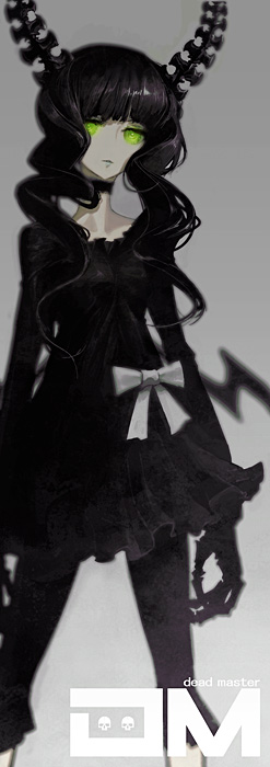 huke, dead master, black rock shooter, 10s, 1girl, black dress, black hair, black leggings, choker, curly hair, dress, female focus, green eyes, horns, leggings, long hair, monochrome, solo, spot color