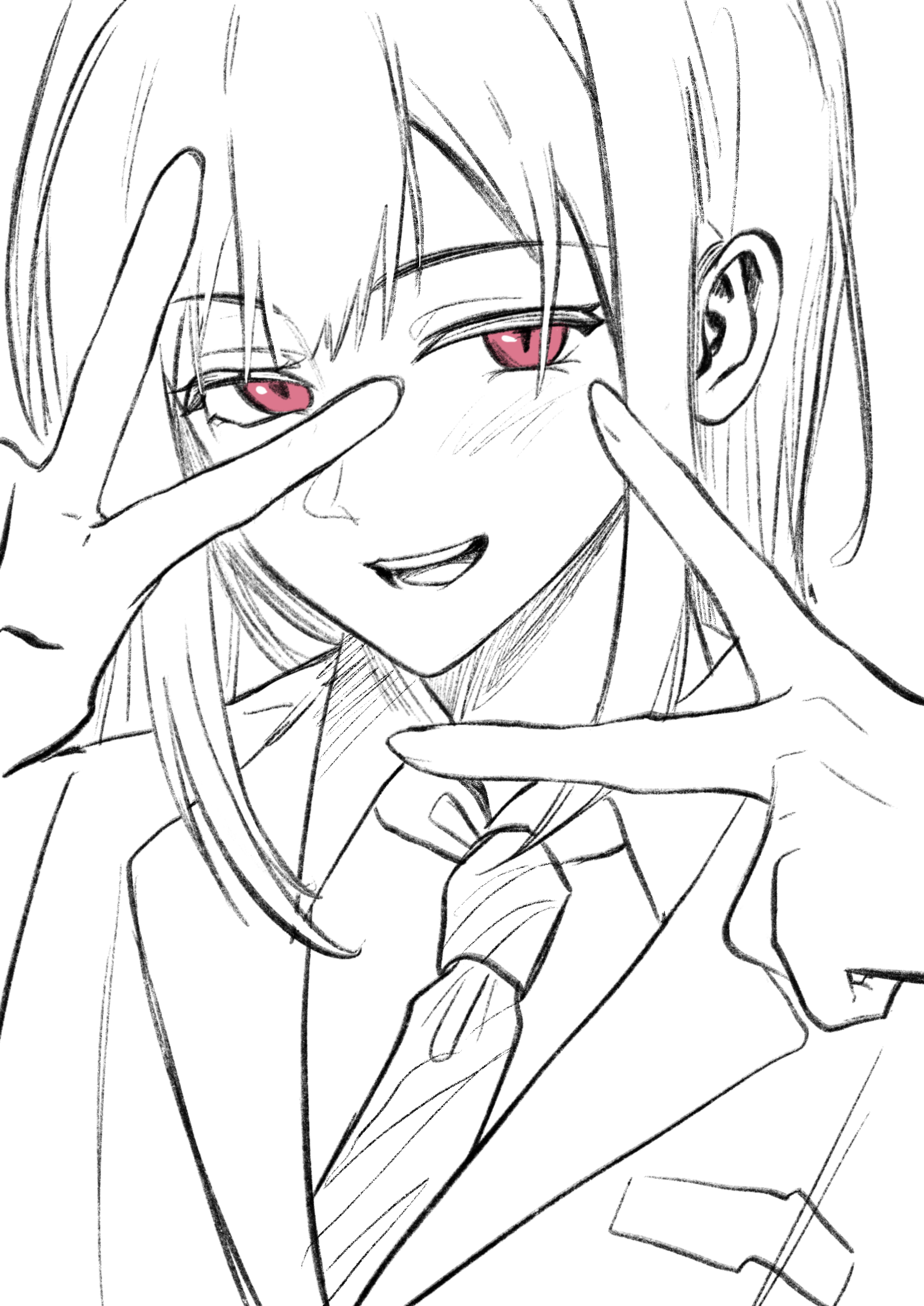 hero45439083942, bang dream!, bang dream! it's mygo!!!!!, original, chinese commentary, commentary request, highres, 1girl, blush, double v, jacket, long hair, necktie, open mouth, red eyes, sidelocks, solo, spot color, teeth, upper body, upper teeth only, v, v over eye, wakaba ameha