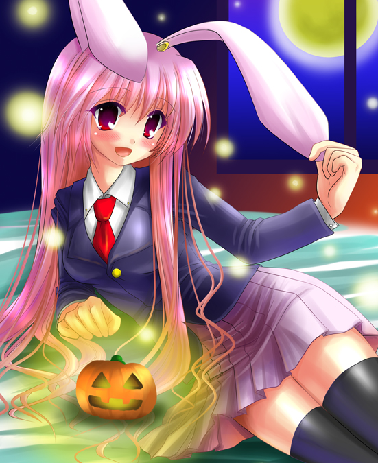 kamiya chiaki, reisen udongein inaba, touhou, bad id, bad pixiv id, 1girl, animal ears, blazer, female focus, halloween, jack-o'-lantern, jacket, long hair, necktie, pink hair, pumpkin, rabbit ears, red eyes, red necktie, skirt, solo, thighhighs