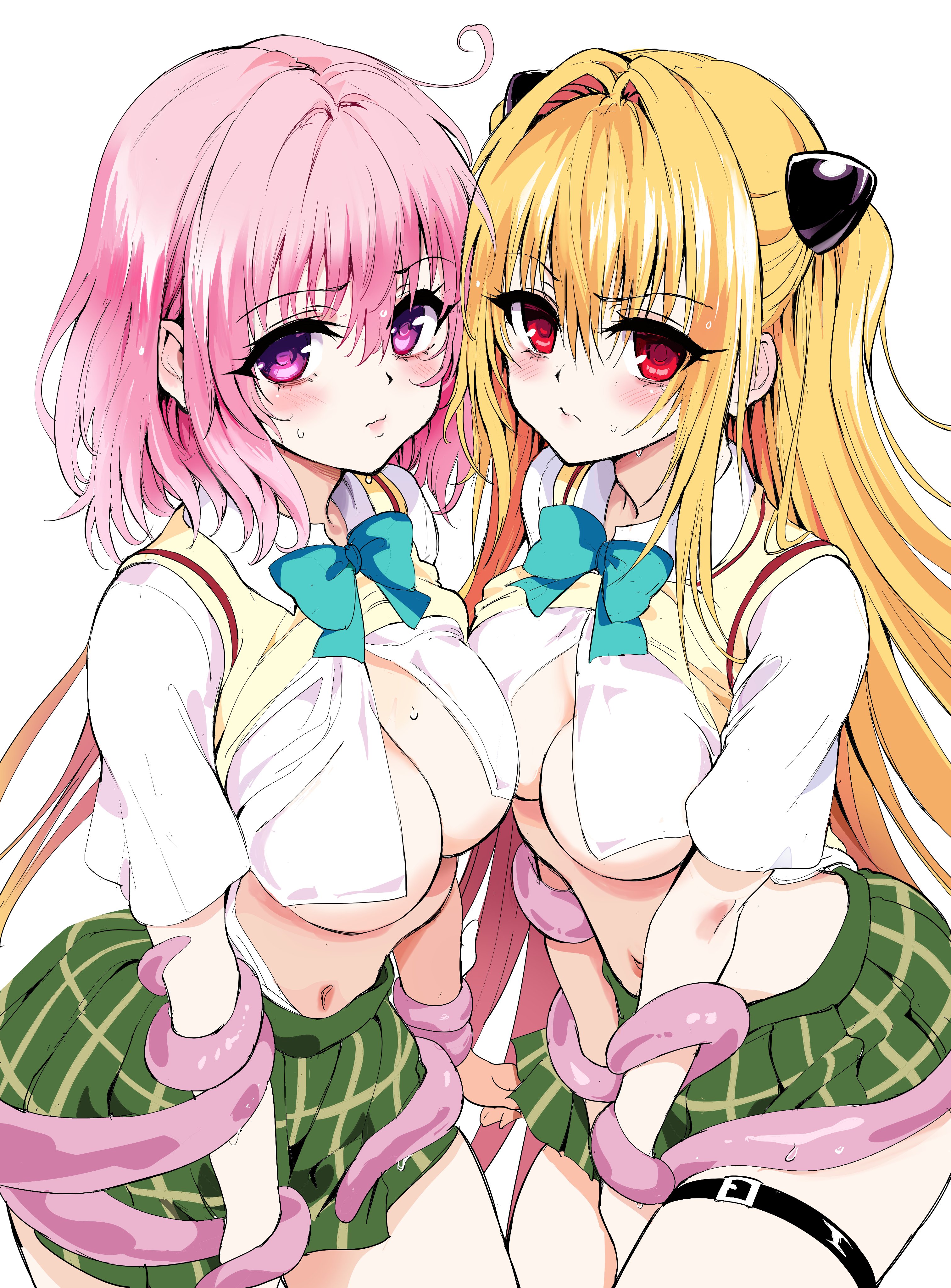 kyokucho, konjiki no yami, momo velia deviluke, to love-ru, to love-ru darkness, absurdres, highres, 2girls, black straps, blonde hair, blush, bowtie, breasts, cardigan, cleavage, closed mouth, collarbone, collared shirt, ear blush, female focus, green bow, green bowtie, green skirt, hair ornament, imminent penetration, imminent rape, imminent vaginal, large breasts, legs, long hair, looking at viewer, medium hair, midriff, miniskirt, multiple girls, navel, no bra, pink hair, pleated skirt, purple eyes, red eyes, sainan high school uniform, school uniform, shirt, shirt tucked in, shirt under sweater, short sleeves, simple background, skirt, stomach, sweat, sweatdrop, tentacles, thigh strap, thighs, twintails, unbuttoned, unbuttoned shirt, white background, white shirt, yellow cardigan
