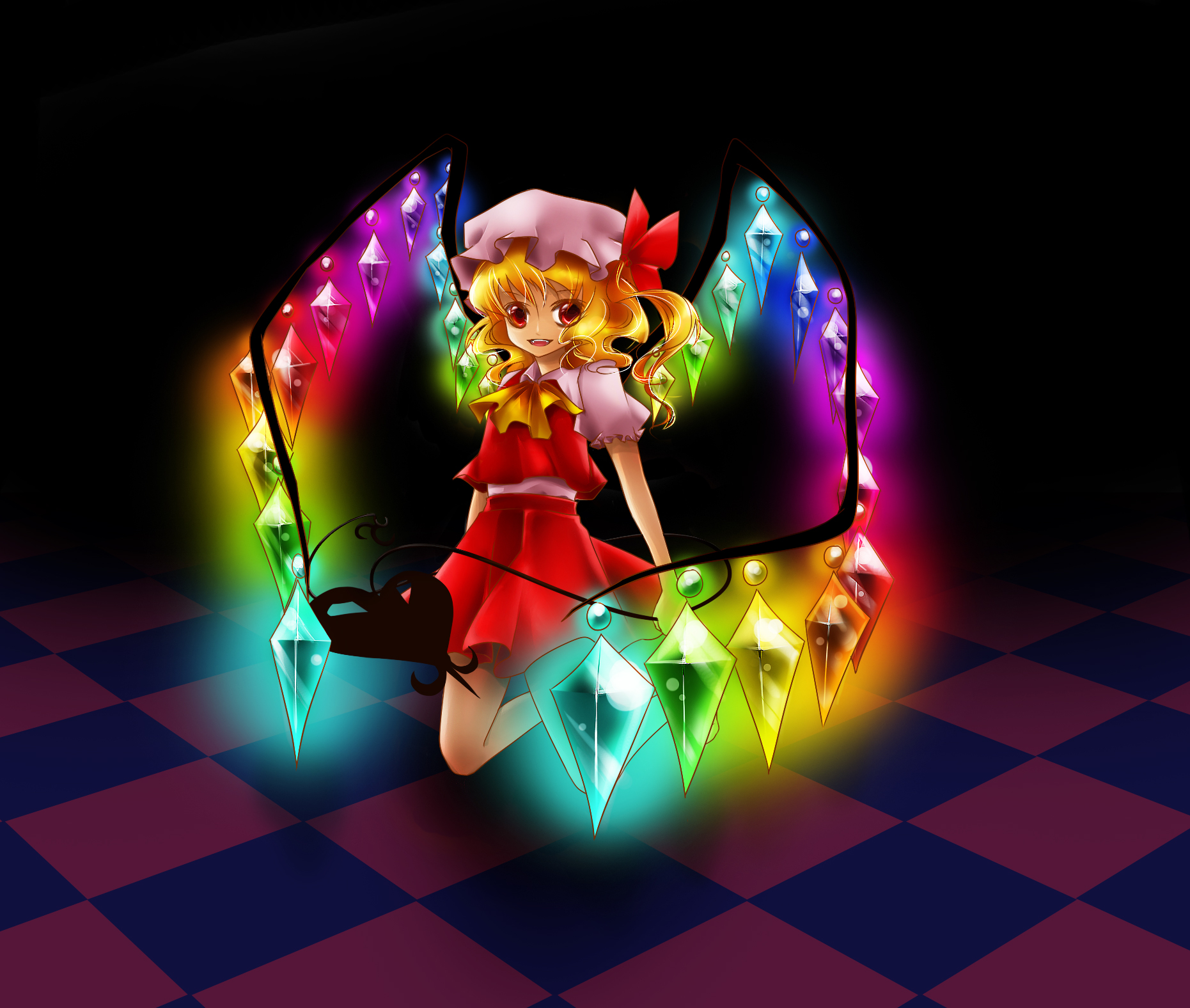 dimdim, flandre scarlet, embodiment of scarlet devil, touhou, bad id, bad pixiv id, highres, 1girl, blonde hair, checkered floor, dark, female focus, hat, one side up, ponytail, rainbow order, red eyes, red skirt, short hair, side ponytail, skirt, solo, wings