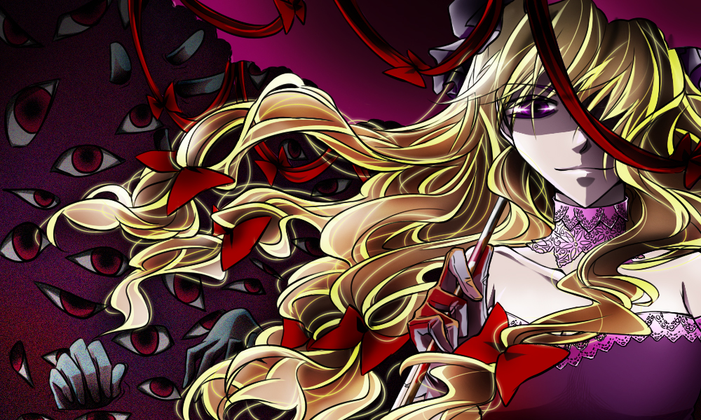 dimdim, yakumo yukari, touhou, bad id, bad pixiv id, 1girl, bare shoulders, blonde hair, bow, breasts, collarbone, dress, eyes visible through hair, female focus, floating hair, gap (touhou), gloves, hair bow, hair over one eye, holding, holding umbrella, long hair, looking at viewer, medium breasts, nose, purple dress, purple eyes, purple gloves, purple theme, ribbon trim, shaded face, smile, solo, strapless, strapless dress, umbrella, very long hair, wind