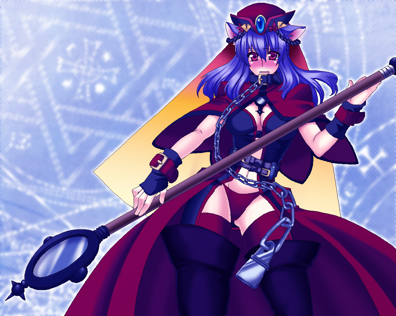 ogera okera, risyaesumoe, yasaka kanako, touhou, bad id, bad pixiv id, 1girl, animal ears, blush, breasts, cleavage, female focus, large breasts, purple hair, red eyes, short hair, solo, thighhighs