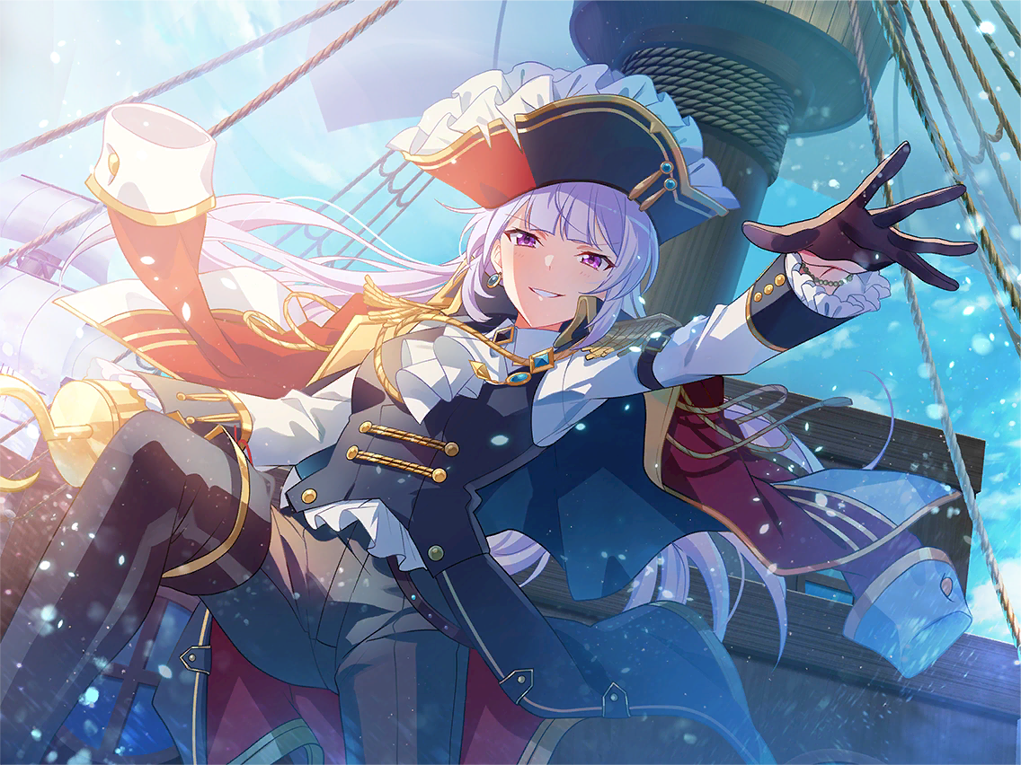 captain hook, yukishiro akira, peter pan (novel), shoujo kageki revue starlight, shoujo kageki revue starlight -re live-, game cg, official art, 1girl, ascot, black boots, black gloves, black vest, boots, captain hook (cosplay), cosplay, earrings, epaulettes, gloves, grey hair, grey pants, half gloves, hat, hook hand, jacket, jacket on shoulders, jewelry, leg up, long hair, long sleeves, looking at viewer, pants, pirate, pirate hat, red jacket, shirt, single glove, solo, standing, thigh boots, upper body, vest, waistcoat, white ascot, white shirt