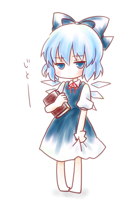 kuromame (8gou), cirno, embodiment of scarlet devil, touhou, bad id, bad pixiv id, 1girl, blouse, blue eyes, blue hair, book, bow, closed mouth, collared shirt, dot mouth, dress, female focus, full body, hair between eyes, hair bow, matching hair/eyes, pinafore dress, ribbon, shirt, sleeveless, sleeveless dress, solo, white background, white shirt, wings