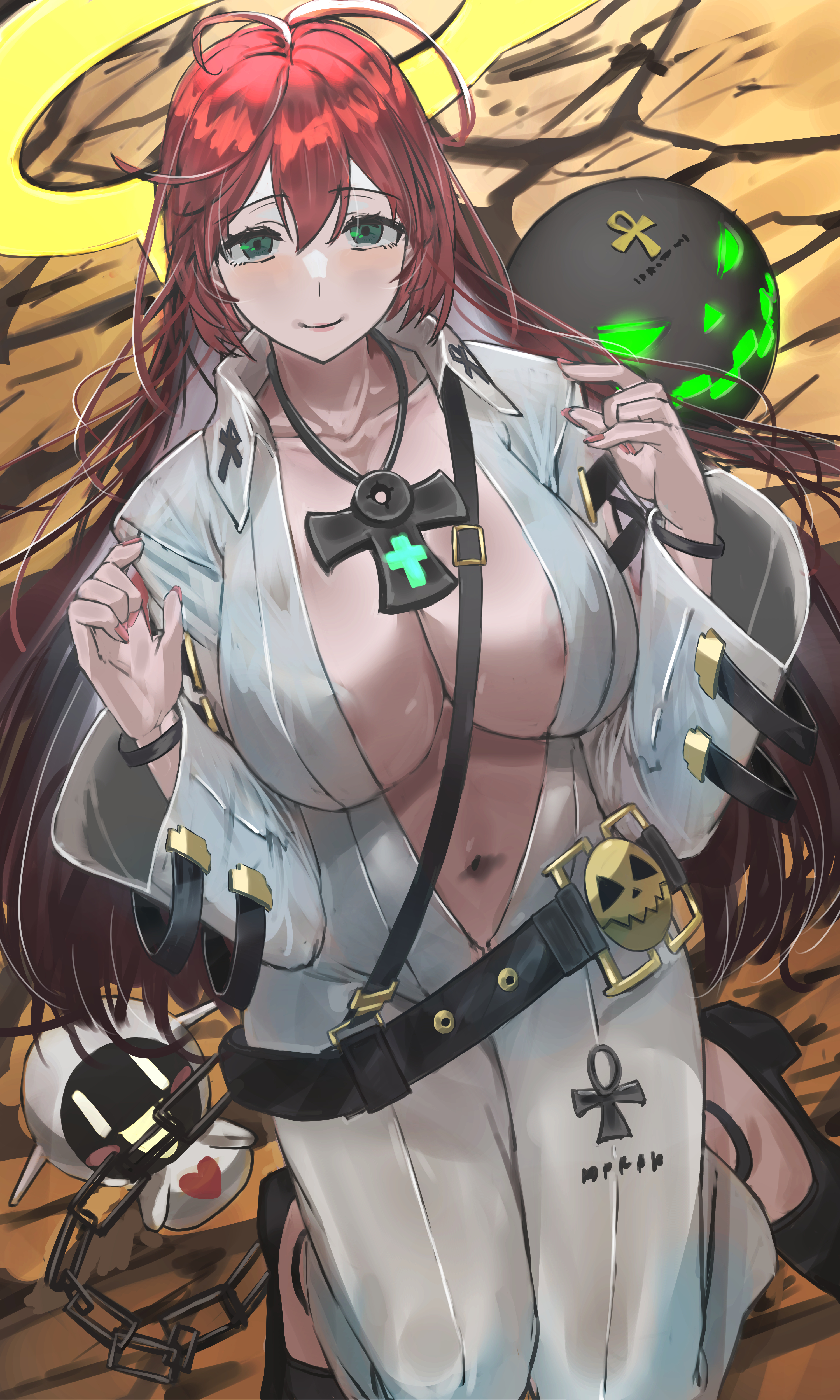 nuo (fttv3255), dorpos, jack-o' valentine, magician servant, guilty gear, guilty gear strive, absurdres, highres, 1girl, ankh necklace, ankh print, ball and chain restraint, bell-bottoms, belt, bodysuit, breasts, broken halo, cleavage, colored inner hair, front slit, green eyes, hair between eyes, halo, huge breasts, large breasts, long hair, multicolored hair, pants, red hair, skull belt, smile, solo focus, spiked halo, studded belt, two-tone hair, very long hair, white bodysuit, white hair