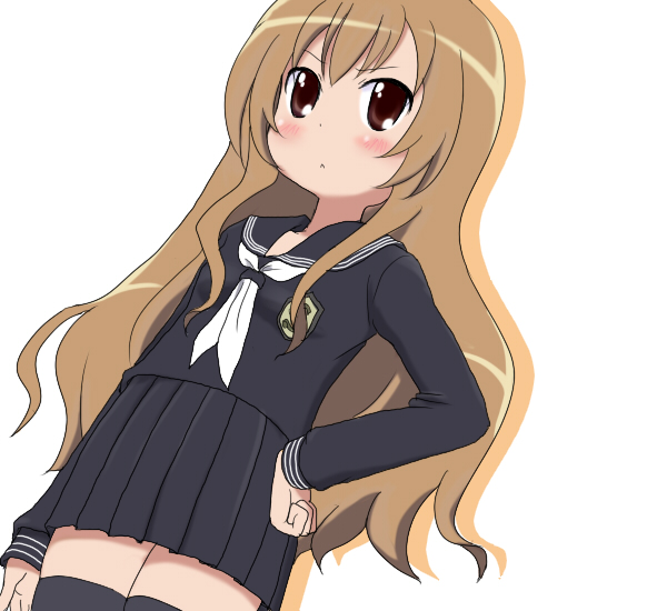 kurase, aisaka taiga, toradora!, 00s, 1girl, black serafuku, brown eyes, brown hair, female focus, hand on own hip, hip focus, long hair, school uniform, serafuku, solo, thighhighs, white background