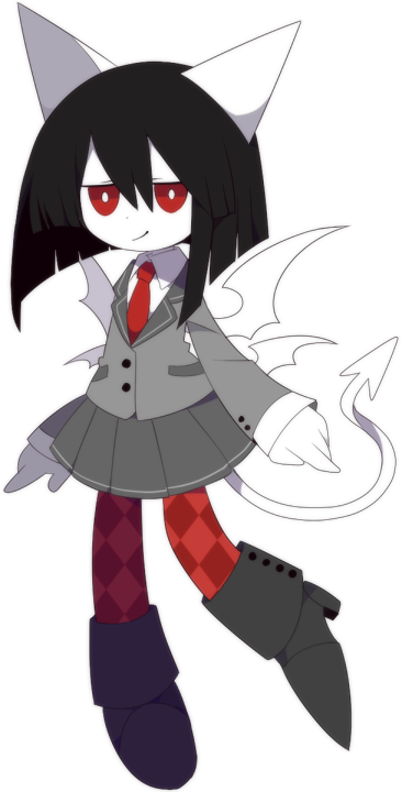 funamusea (artist), arbus (funamusea), funamusea, haiiro teien, official art, 1girl, animal ears, black hair, black shoes, boots, cat ears, collared shirt, colored skin, demon girl, demon tail, demon wings, hair between eyes, long sleeves, looking at viewer, medium hair, pantyhose, red eyes, red pantyhose, school uniform, shirt, shoes, skirt, smile, solo, tail, white background, white shirt, white tail, white wings, wings