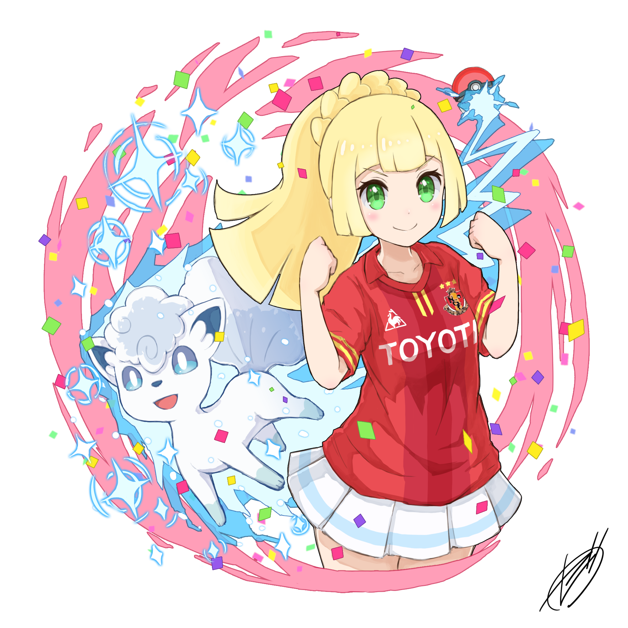 zeni maru, alolan vulpix, lillie (pokemon), nagoya grampus, nintendo, pokemon, pokemon sm, toyota, commentary request, highres, 1girl, alolan form, alternate costume, blonde hair, bright pupils, confetti, gen 7 pokemon, green eyes, long hair, looking at viewer, poke ball, poke ball (basic), pokemon (creature), red shirt, shirt, short sleeves, simple background, soccer uniform, sportswear, white background, white pupils