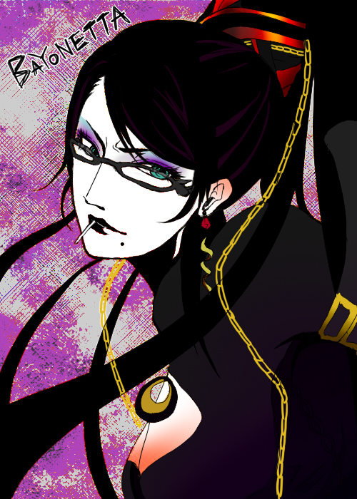 tubaki, bayonetta, bayonetta (series), black hair, eyeshadow, glasses, long hair, makeup, mole, red ribbon, ribbon