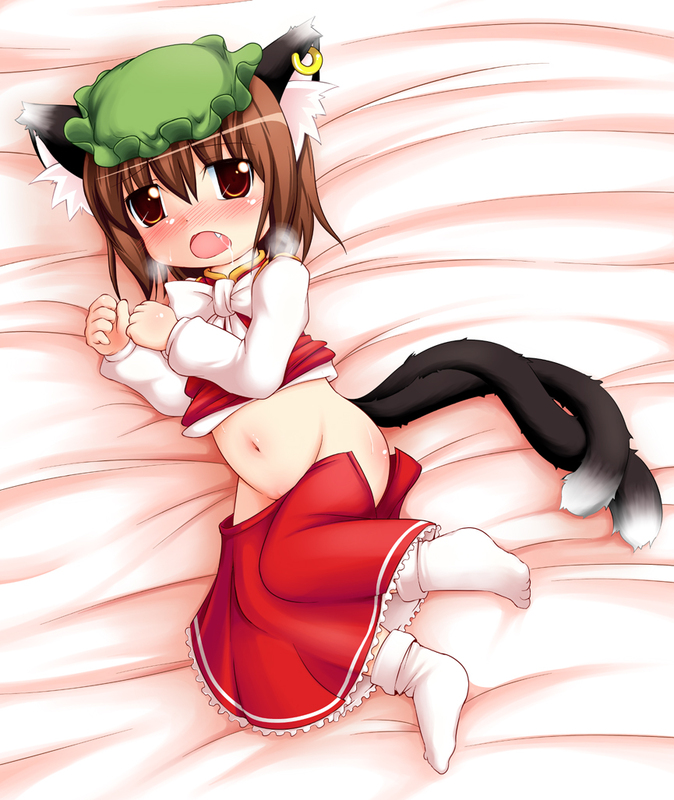 neko usagi, chen, touhou, 1girl, animal ears, blush, brown eyes, brown hair, cat ears, cat girl, cat tail, drooling, earrings, feet, female focus, hat, jewelry, loli, multiple tails, navel, plump, red ass, short hair, socks, solo, tail, white socks