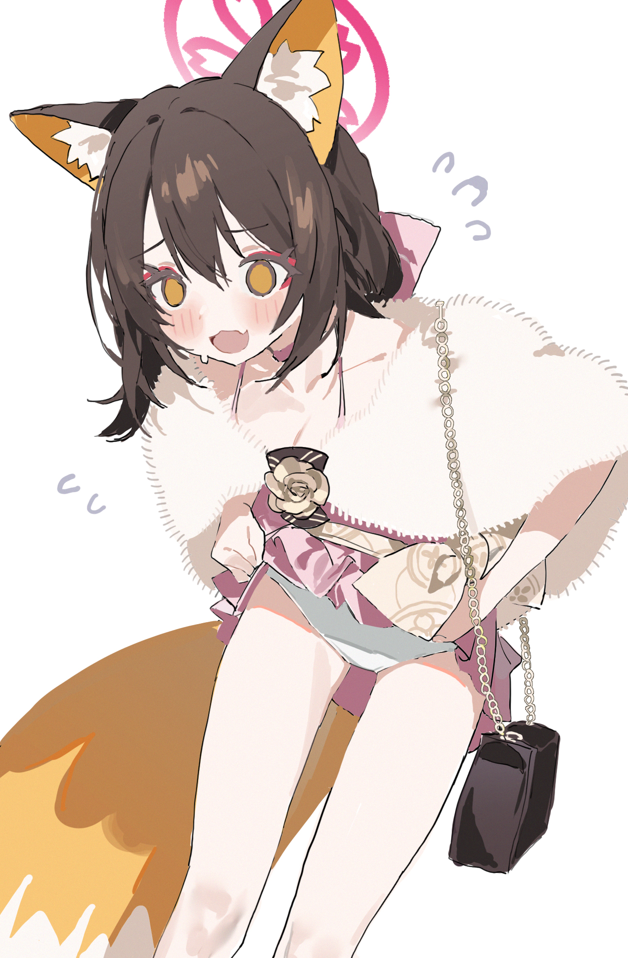 measho, izuna (blue archive), izuna (dress) (blue archive), blue archive, highres, 1girl, animal ears, blush, brown eyes, brown hair, chain, dress, fang, fox ears, fox girl, fox tail, halo, official alternate costume, open mouth, panties, pink dress, pink halo, simple background, skin fang, solo, tail, underwear, white background, white panties