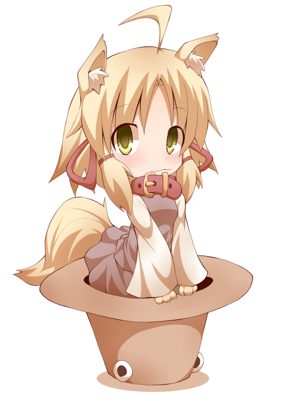 kuromiya, moriya suwako, touhou, 1girl, :3, ahoge, animal ears, animal hands, belt, blonde hair, collar, dog ears, dog tail, female focus, hat, in container, kemonomimi mode, short hair, simple background, solo, tail, unworn hat, unworn headwear, white background, wolf ears, wolf tail, yellow eyes