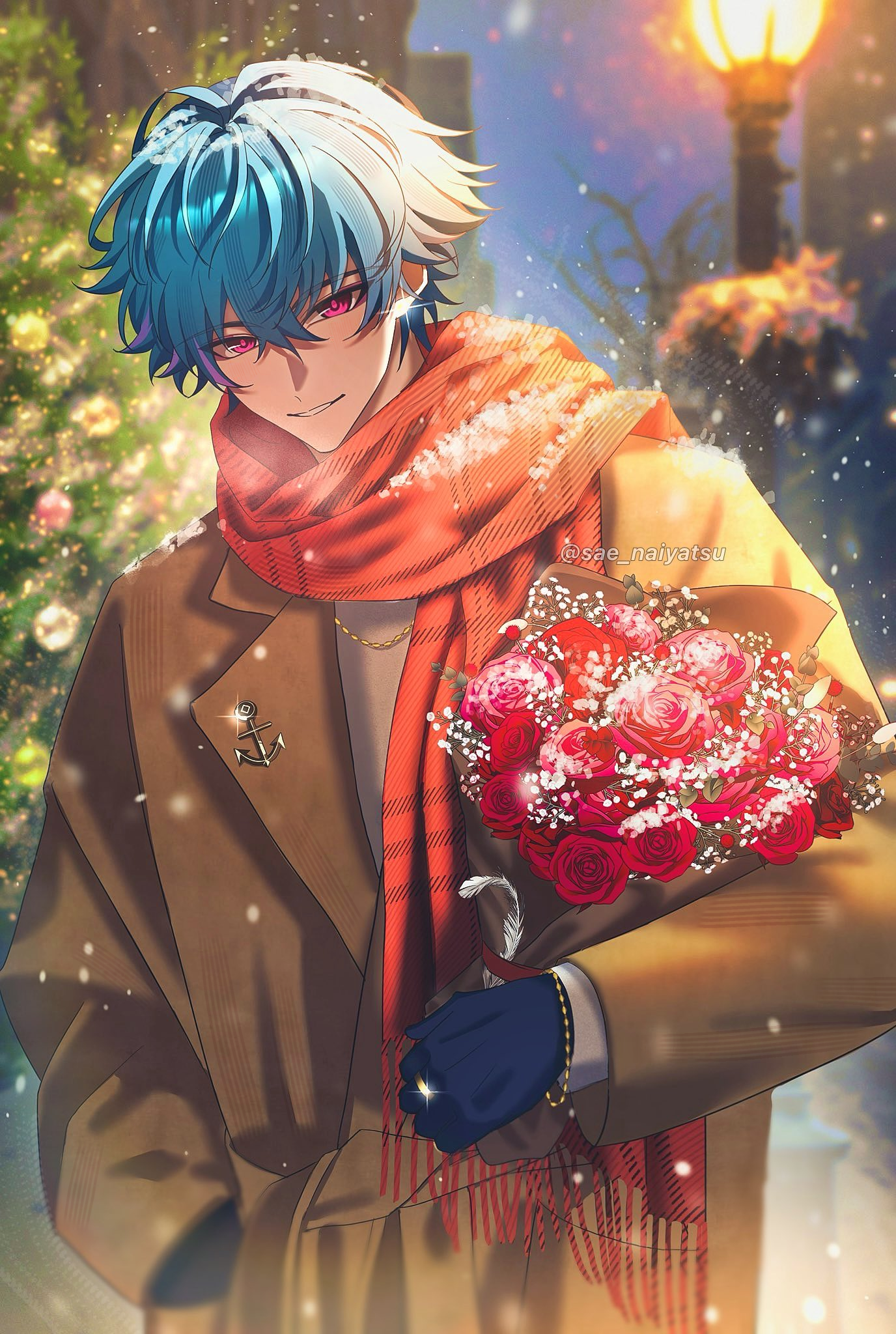 brant (wuthering waves), wuthering waves, commentary, highres, symbol-only commentary, 1boy, anchor ornament, black gloves, blue hair, bouquet, breath, brown coat, coat, earrings, flower, gloves, hair between eyes, hand in pocket, holding, holding bouquet, jewelry, looking at viewer, male focus, multicolored hair, night, outdoors, parted lips, pink eyes, red scarf, sae naiyatsu, scarf, short hair, smile, solo, streaked hair, twitter username, upper body