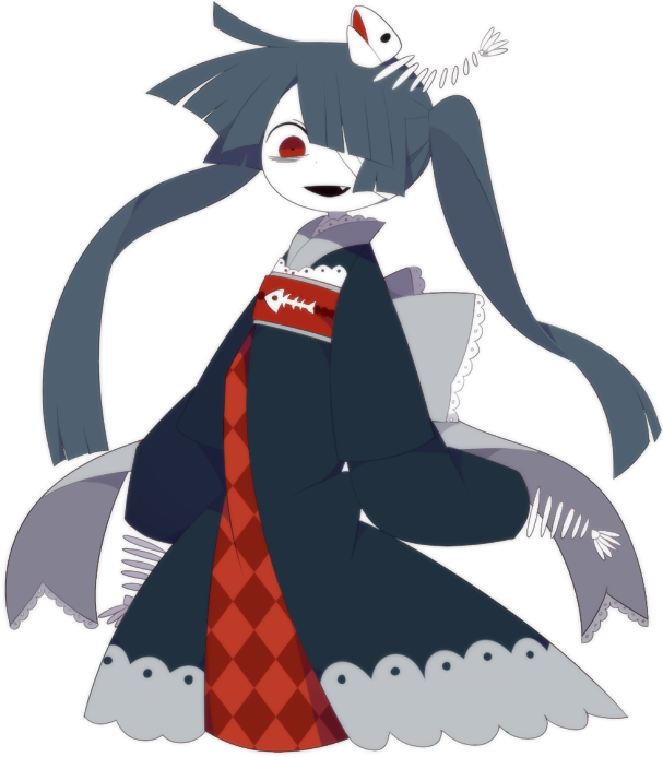 funamusea (artist), mikotsuhime (funamusea), funamusea, oounabara to wadanohara, official art, 1girl, bags under eyes, bandaged head, bandages, black hair, blue hair, bow, colored skin, fish, fish hair ornament, fish skeleton, hair ornament, japanese clothes, kimono, long hair, long sleeves, looking at viewer, obi, open mouth, parted bangs, red eyes, sash, skeletal hand, smile, solo, twintails, white background