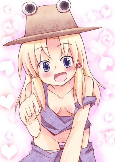 altorealize, moriya suwako, touhou, 1girl, :d, blonde hair, blue eyes, blush, breasts, cleavage, clothes pull, downblouse, female focus, hair ribbon, hat, heart, leaning forward, long hair, no bra, no panties, off shoulder, open mouth, pussy, ribbon, skirt, skirt pull, smile, solo, strap slip, uncensored, undressing