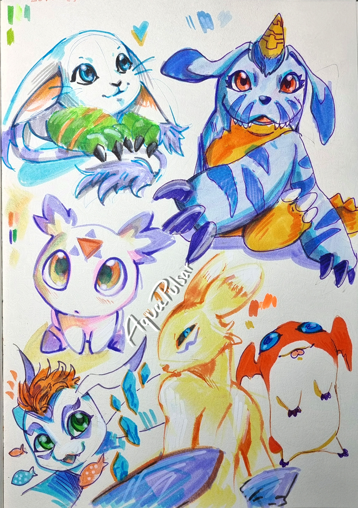 culumon, gabumon, gomamon, patamon, renamon, tailmon, digimon, aquapulsar, digimon (creature), green eyes, pointy ears, triangle, zero unit