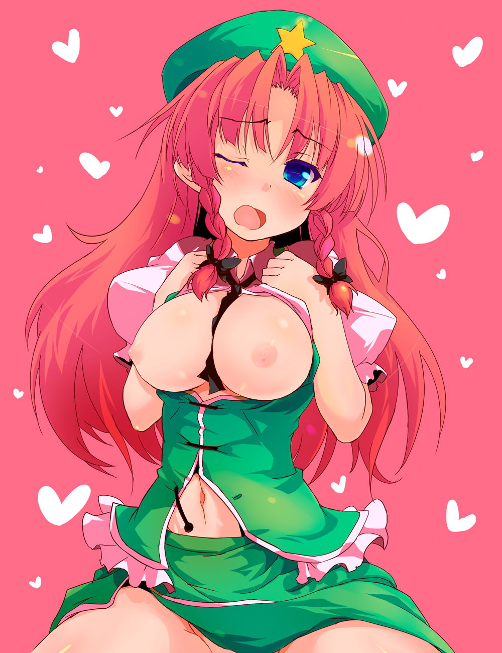 sw (taco), hong meiling, embodiment of scarlet devil, touhou, highres, 1girl, blue eyes, braid, breasts, female focus, hat, heart, large breasts, long hair, nipples, no bra, no panties, red hair, solo, twin braids