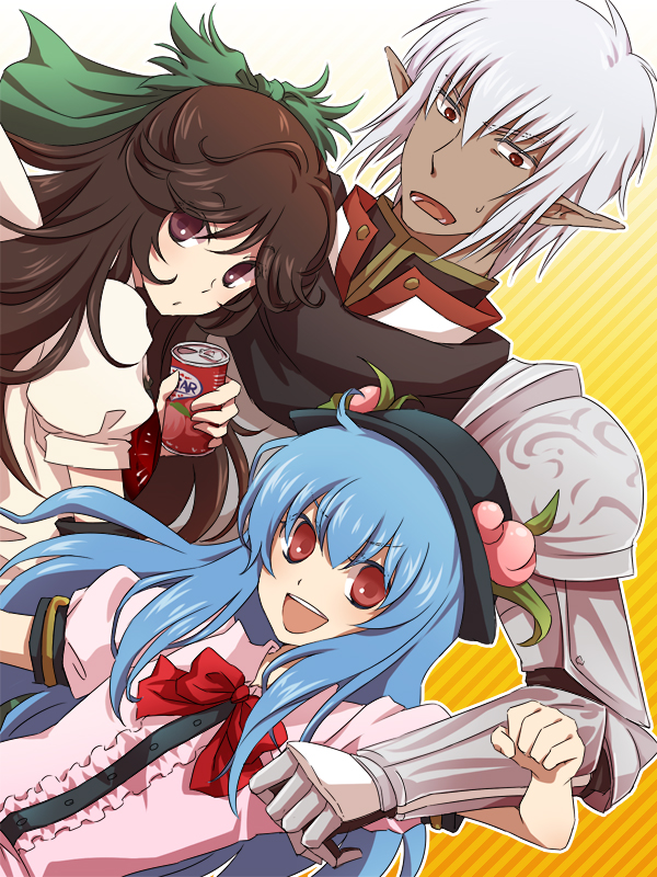 meg (artist), meg maru2, buront, elvaan, hinanawi tenshi, reiuji utsuho, final fantasy, final fantasy xi, touhou, silver hair, bad id, bad pixiv id, 00s, 1boy, 2girls, armor, blue hair, brown eyes, brown hair, couter, crossover, dark-skinned male, dark skin, elf, food, fruit, gradient background, hat, hat ornament, leaf hat ornament, long hair, multiple girls, peach, pointy ears, red eyes, ribbon, short hair, smile, upper body, white background