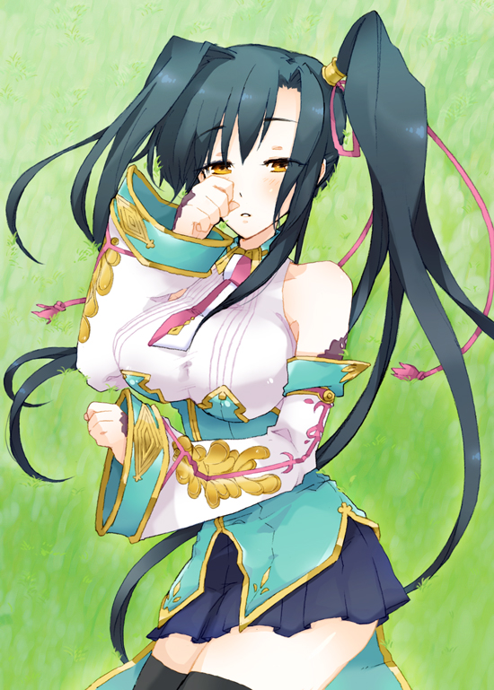 tsumura chita, kan'u (koihime musou), koihime musou, bad id, bad pixiv id, 00s, 1girl, black hair, black thighhighs, breasts, detached sleeves, female focus, hair ribbon, large breasts, long hair, ponytail, ribbon, side ponytail, skirt, solo, thighhighs, very long hair, yellow eyes, zettai ryouiki