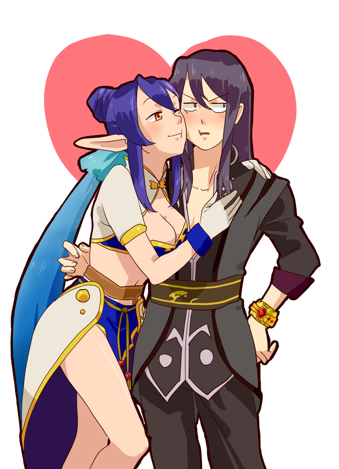 togi (togijiru), judith (tales), yuri lowell, tales of (series), tales of vesperia, bad id, bad pixiv id, md5 mismatch, 00s, 1boy, 1girl, black hair, blue hair, bracelet, cheek-to-cheek, cheek squash, couple, gloves, heads together, hetero, jewelry, long hair, midriff, pointy ears, smile, white gloves