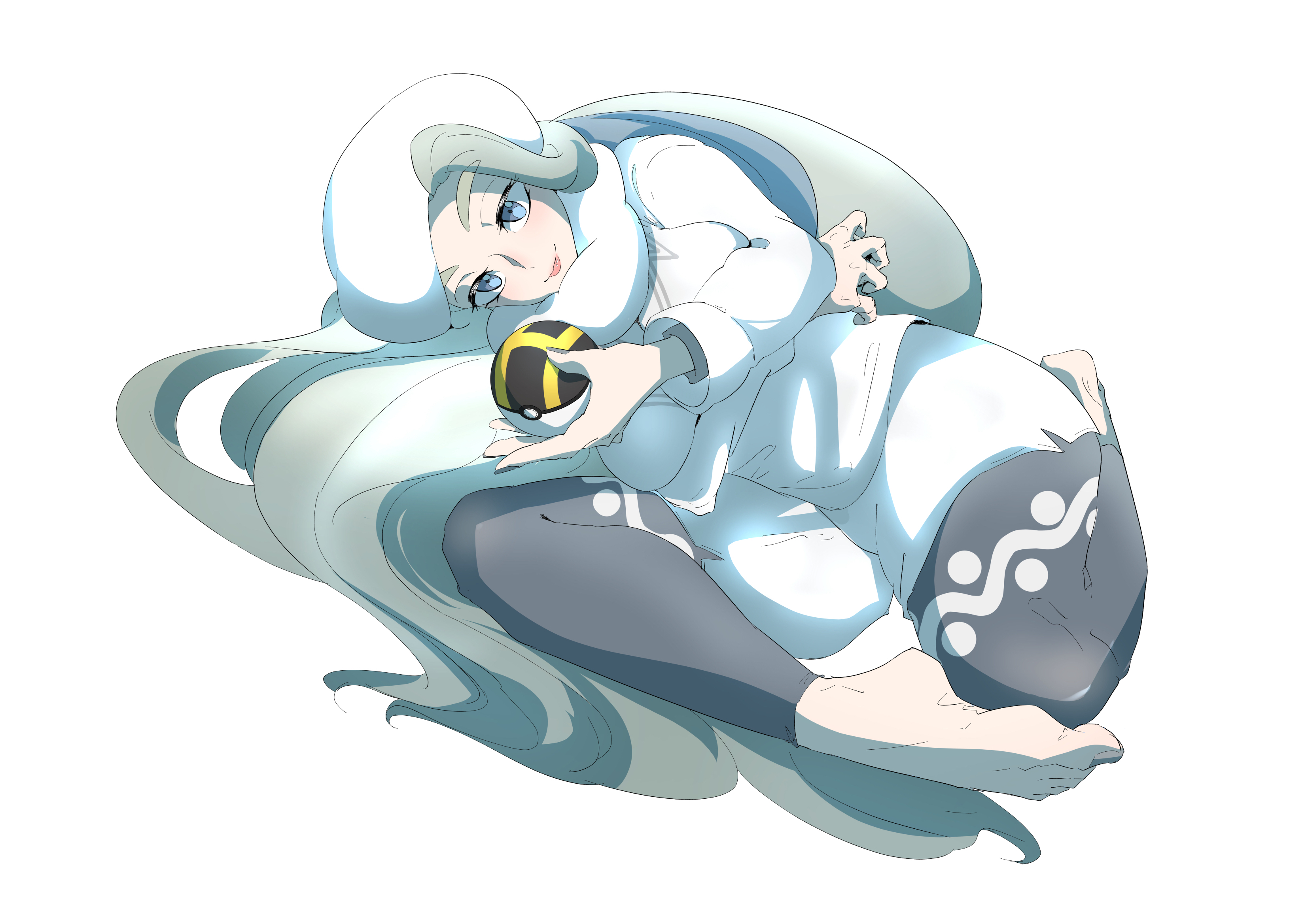 shumazarashi, melony (pokemon), nintendo, pokemon, pokemon swsh, absurdres, highres, 1girl, barefoot, blue eyes, blue pantyhose, breasts, earrings, fur collar, fur hat, hat, holding, holding poke ball, jewelry, knee up, large breasts, leg up, long hair, long sleeves, lying, mature female, multicolored hair, on side, pantyhose, pantyhose under shorts, pearl earrings, plump, poke ball, ring, shorts, side slit, side slit shorts, smile, solo, streaked hair, sweater, ultra ball, ushanka, wedding ring, white hat, white sweater