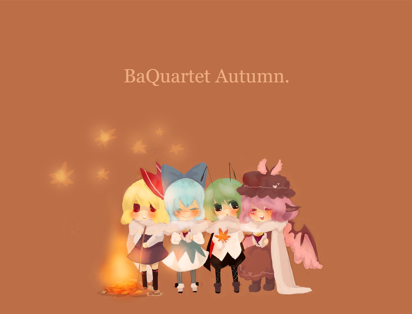 amachi osamu, cirno, mystia lorelei, rumia, wriggle nightbug, touhou, bad id, bad pixiv id, 4girls, animal ears, antennae, blonde hair, bow, fire, hair bow, hair ribbon, multiple girls, red eyes, ribbon, scarf, shared clothes, shared scarf, simple background, team 9 (touhou), wings