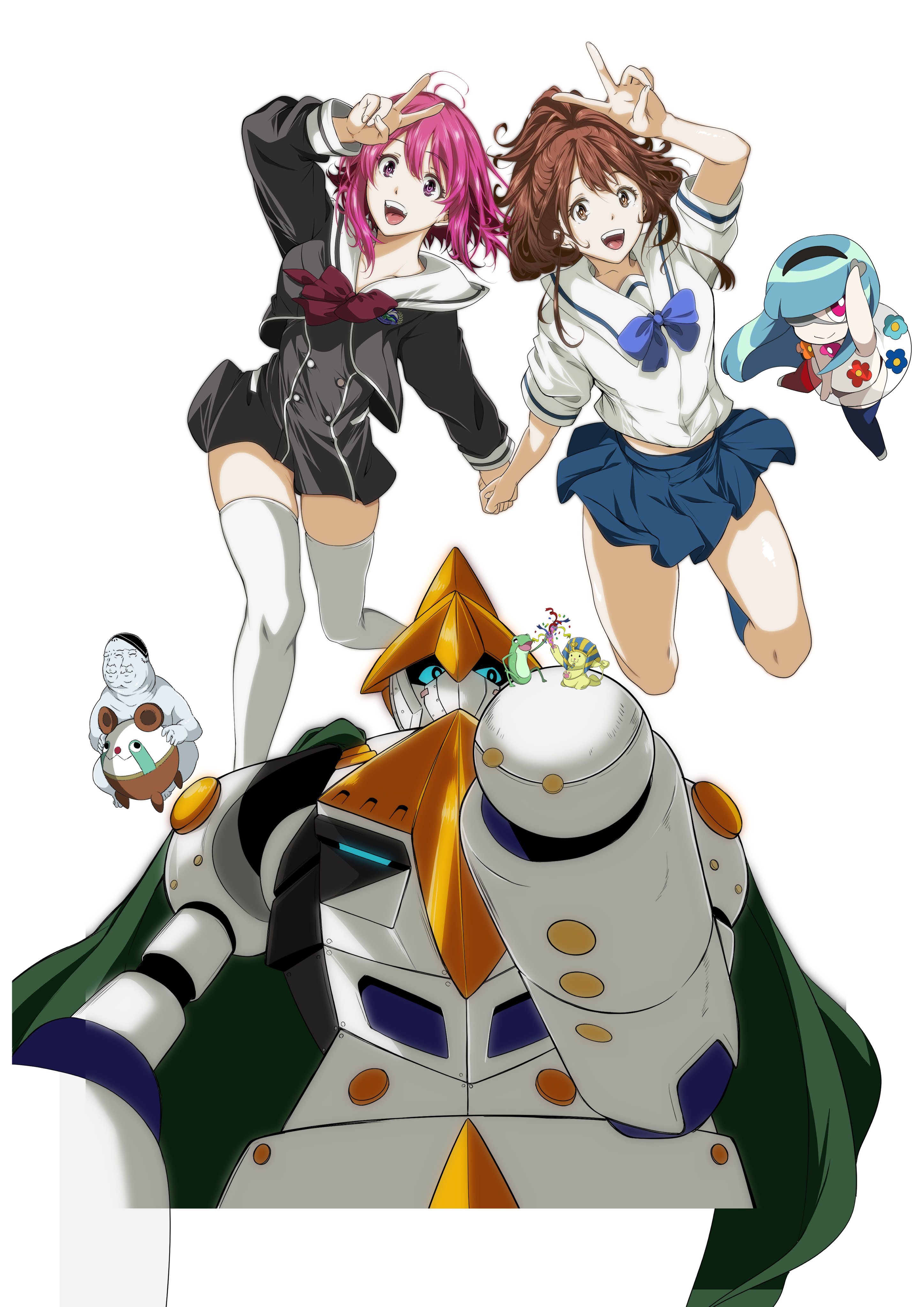 bibi (coffe), gunvarrel, onoe serika, senomiya akiho, upa (steins;gate), zonko (occultic;nine), chaos;child, kidou battle gunvarrel, robotics;notes, science adventure, absurdres, highres, 1other, 2girls, :d, black dress, blue bow, blue skirt, blue socks, bow, brown hair, chest bow, chuo tanegashima high school uniform, cropped jacket, cropped shirt, dress, gero-froggy, hekiho academy school uniform, holding hands, kneehighs, long hair, long sleeves, looking at viewer, midriff peek, multiple girls, open mouth, phinx (robotics;notes), pink hair, pleated skirt, ponytail, red bow, sailor collar, school uniform, shirt, short hair, short sleeves, simple background, skirt, smile, socks, sumo sticker (chaos;child), thighhighs, thighs, v, white background, white sailor collar, white shirt, white thighhighs, zettai ryouiki