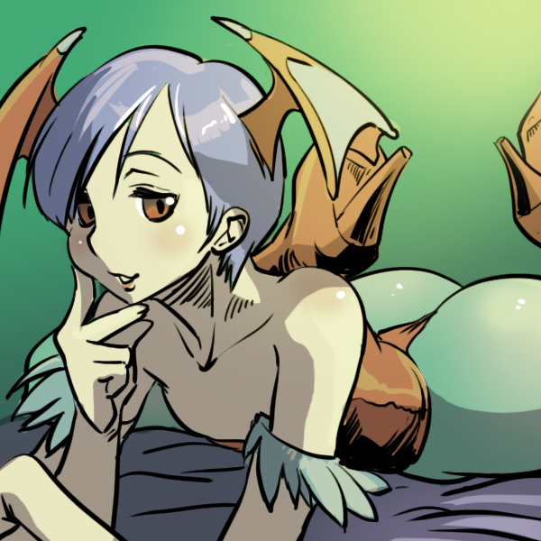 cosine, lilith (darkstalkers), capcom, darkstalkers, bad id, bad pixiv id, 1girl, ass, bare shoulders, bat wings, demon girl, female focus, flat chest, gradient background, head wings, leotard, pantyhose, purple hair, red eyes, red leotard, short hair, solo, wings