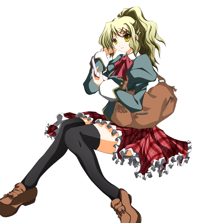 akane yukio, kirisame marisa, touhou, bad id, bad pixiv id, 1girl, alternate costume, alternate hairstyle, black thighhighs, blonde hair, contemporary, female focus, ponytail, school uniform, simple background, skirt, solo, thighhighs, white background, yellow eyes, zettai ryouiki