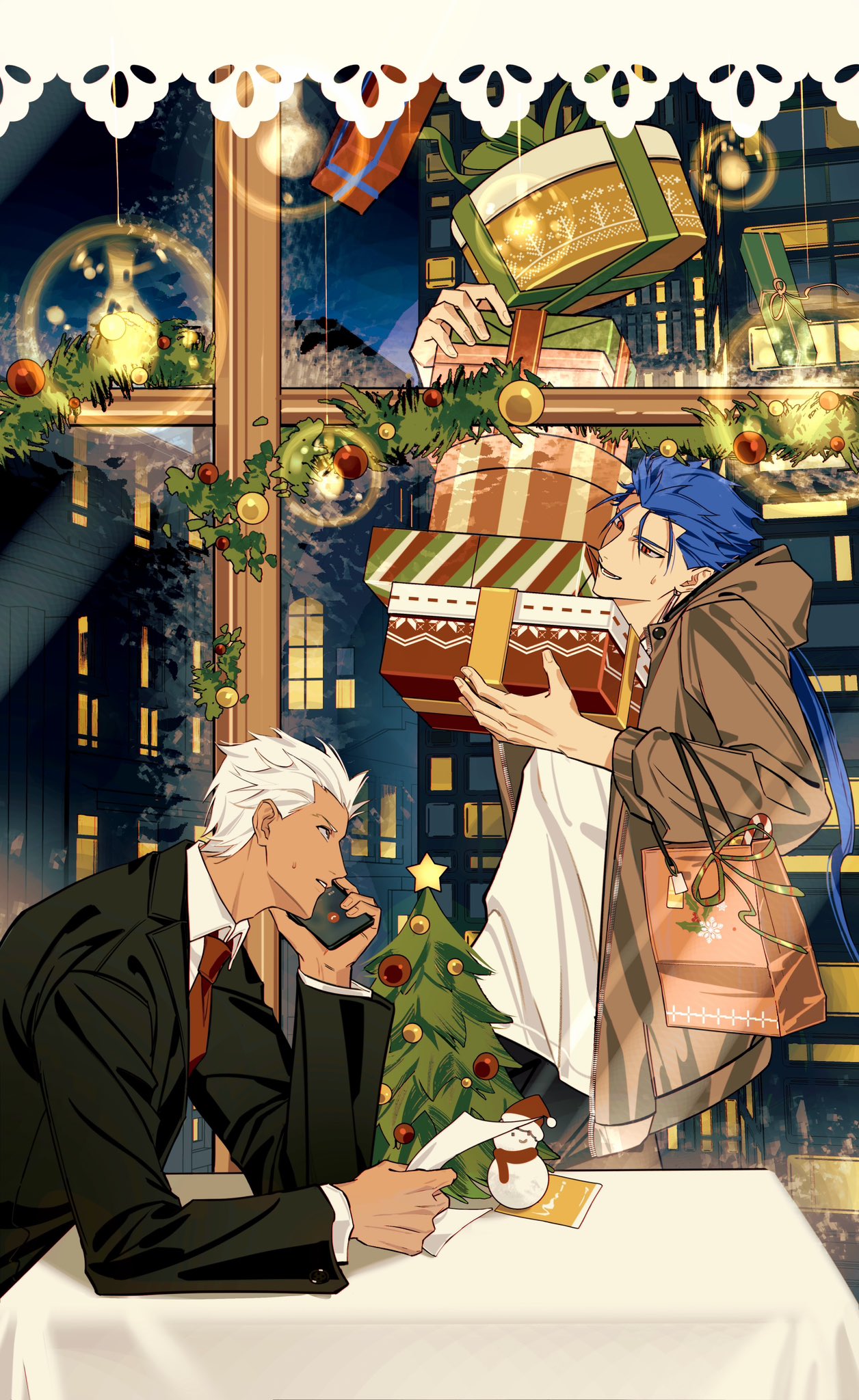 archer (fate), cu chulainn (fate), fate/stay night, fate (series), highres, 2boys, black jacket, blue hair, brown jacket, christmas, christmas present, christmas tree, contemporary, garland (decoration), gift, holding, holding gift, indoors, jacket, long hair, male focus, multiple boys, necktie, red eyes, red necktie, shirt, snowman, talking on phone, white shirt, y111111n
