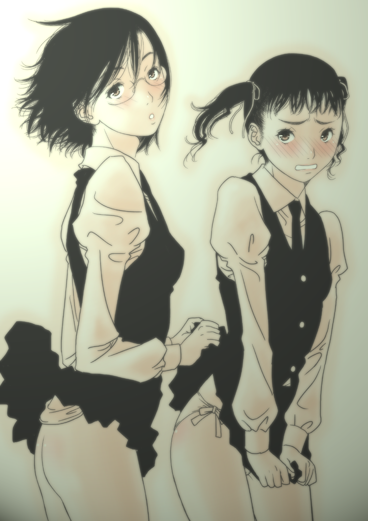 gusu, original, 2girls, black hair, blush, brown eyes, clothes lift, embarrassed, glasses, multiple girls, necktie, no panties, panties, school uniform, short hair, short twintails, side-tie panties, simple background, skirt, skirt lift, twintails, underwear, v arms, wind, wind lift