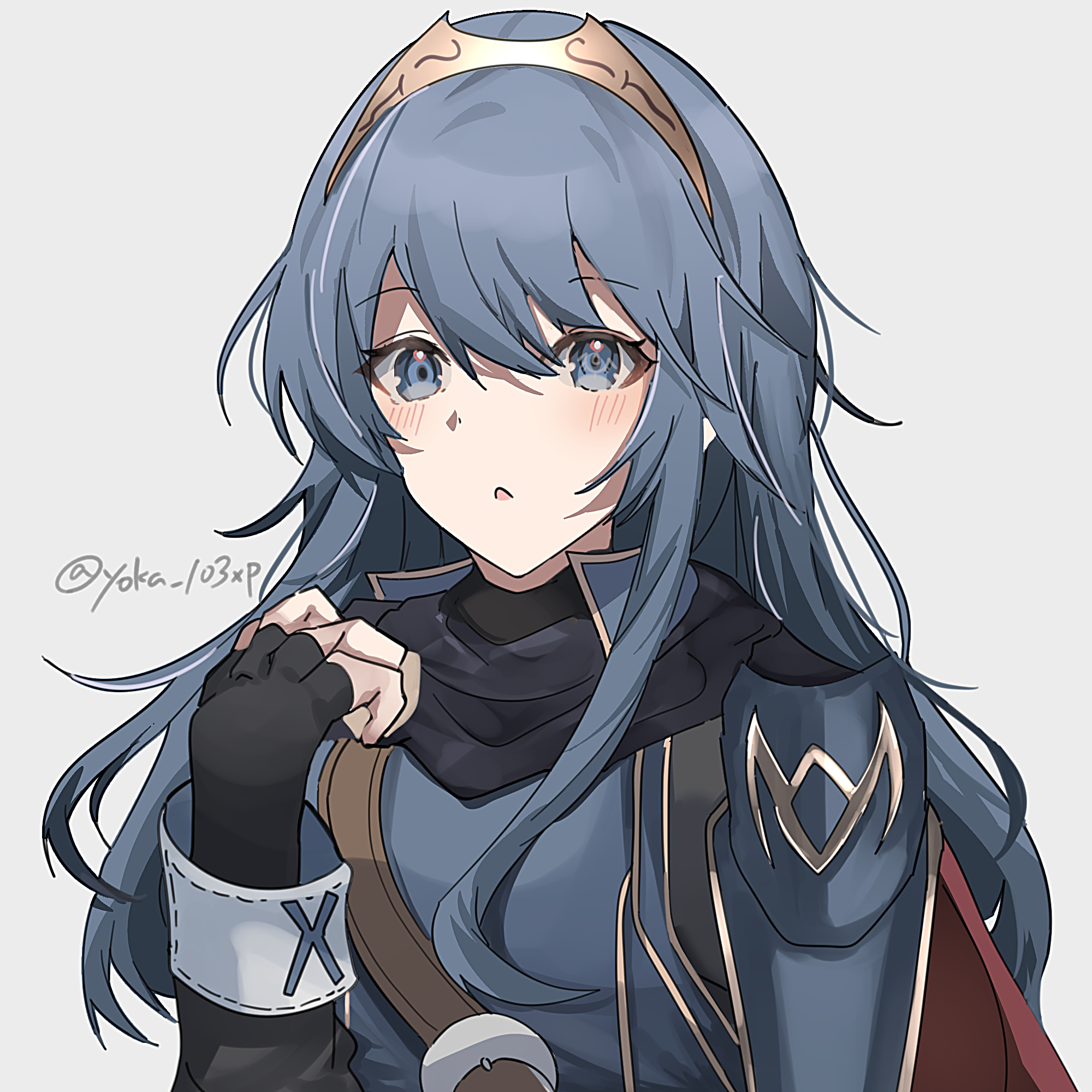 yoka (103xp), lucina (fire emblem), fire emblem, fire emblem awakening, nintendo, commentary request, highres, 1girl, armor, black gloves, blue eyes, blue hair, blue tunic, blush, brand of the exalt, breasts, cape, fingerless gloves, gloves, grey background, hair between eyes, long hair, looking at viewer, parted lips, red cape, simple background, small breasts, solo, symbol-shaped pupils, tiara, tunic, upper body